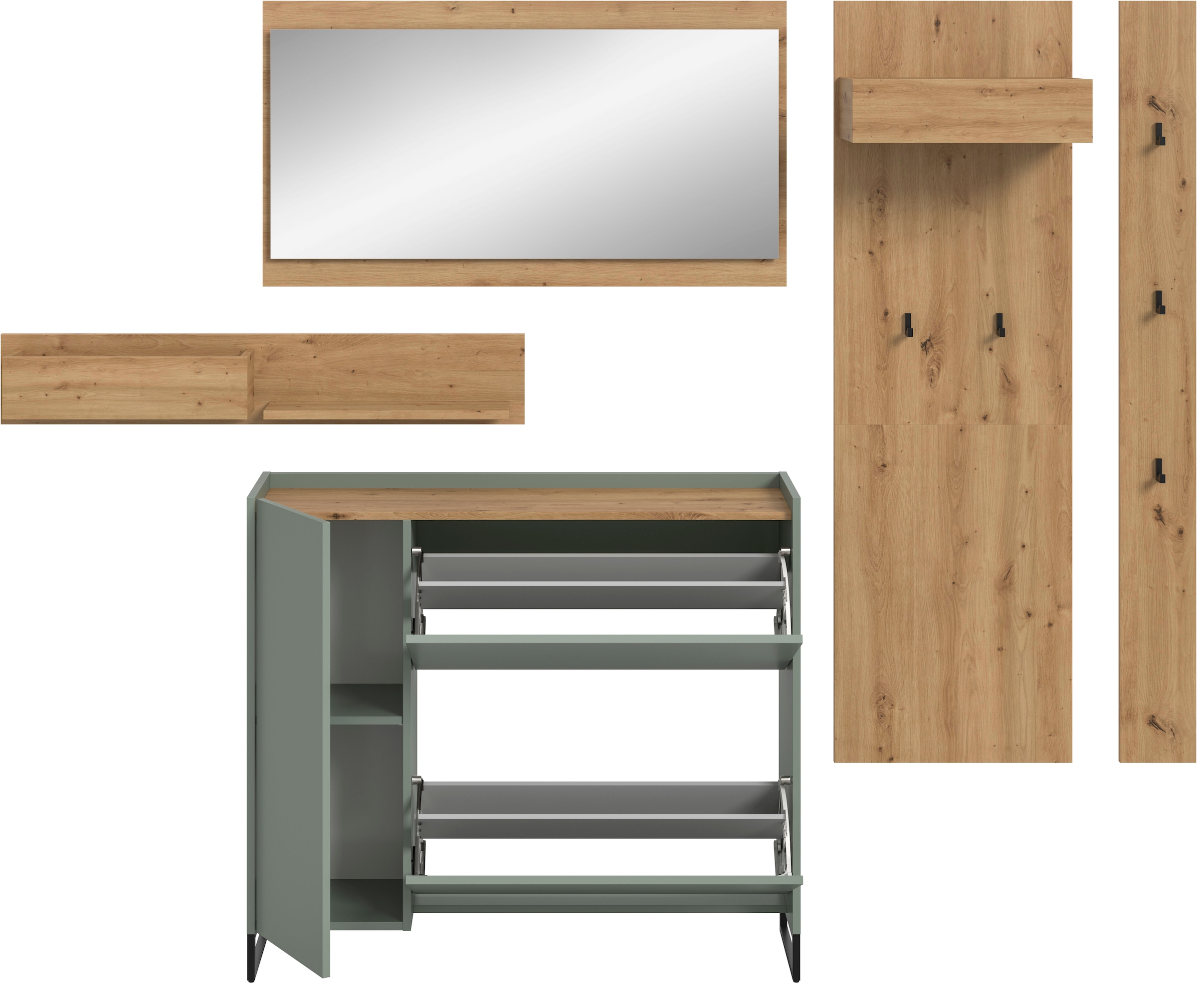 INOSIGN Garderoben-Set »EVRID, 5-teilig, Breite 236 cm, individuell stellbar & erweiterbar« best. aus: Wandboard, Kommode, Spiegel, Garderobenpaneel, Hakenleiste, 5 Stk. tlg.