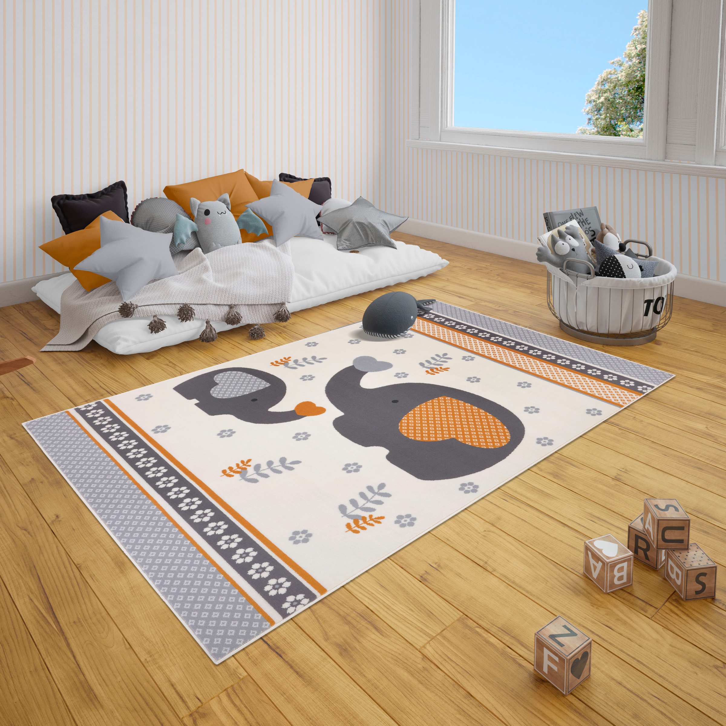 HANSE Home Kinderteppich »Happy Elefant«, rechteckig, 9 mm Höhe, Herz, Blume, Tiermotiv, Kurzflor,Strapazierfähig, Pflegeleicht, Robust