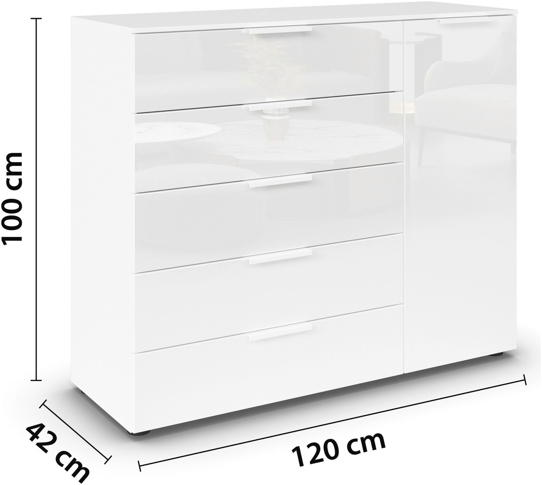 rauch Schubkastenkommode »Kommode Türkommode Sideboard Kombikommode FLIPP mit Glasfront« Breite 120 cm mit 2 Einlegeböden,  1-türig mit 5 Schubladen und Soft-Close-Funktion sowie Glasfront