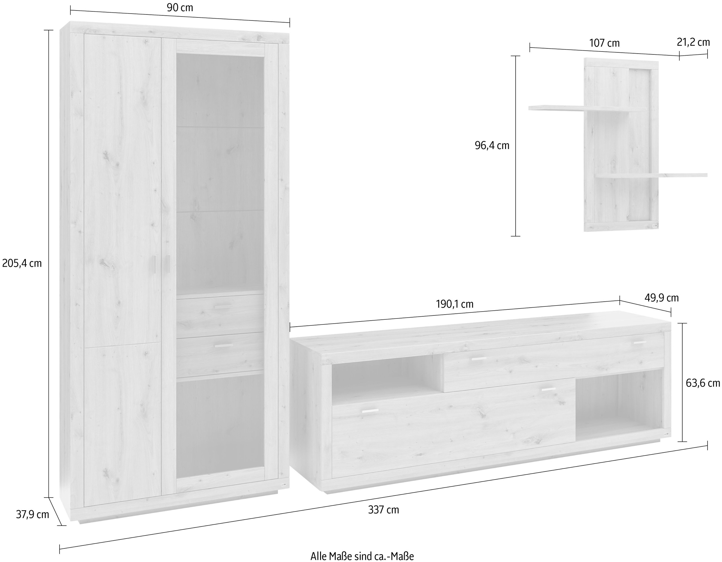 set one by Musterring Wohnwand »Chandler«, (Set, 3-St), Eiche Artisan, Maße (BxHxT) 337 x 205,4 x 49,9 cm