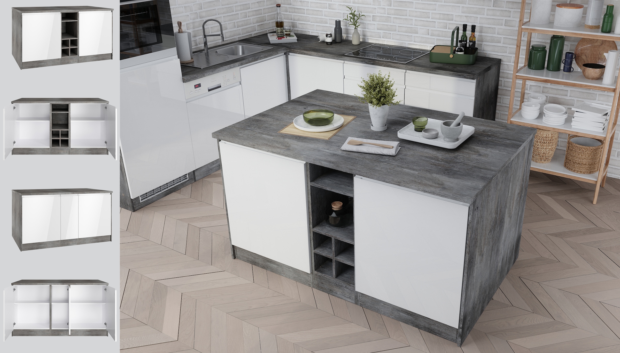 KOCHSTATION Kücheninsel »KS-Virginia«, Breite 153 cm, MDF-Fronten, Flaschenregal