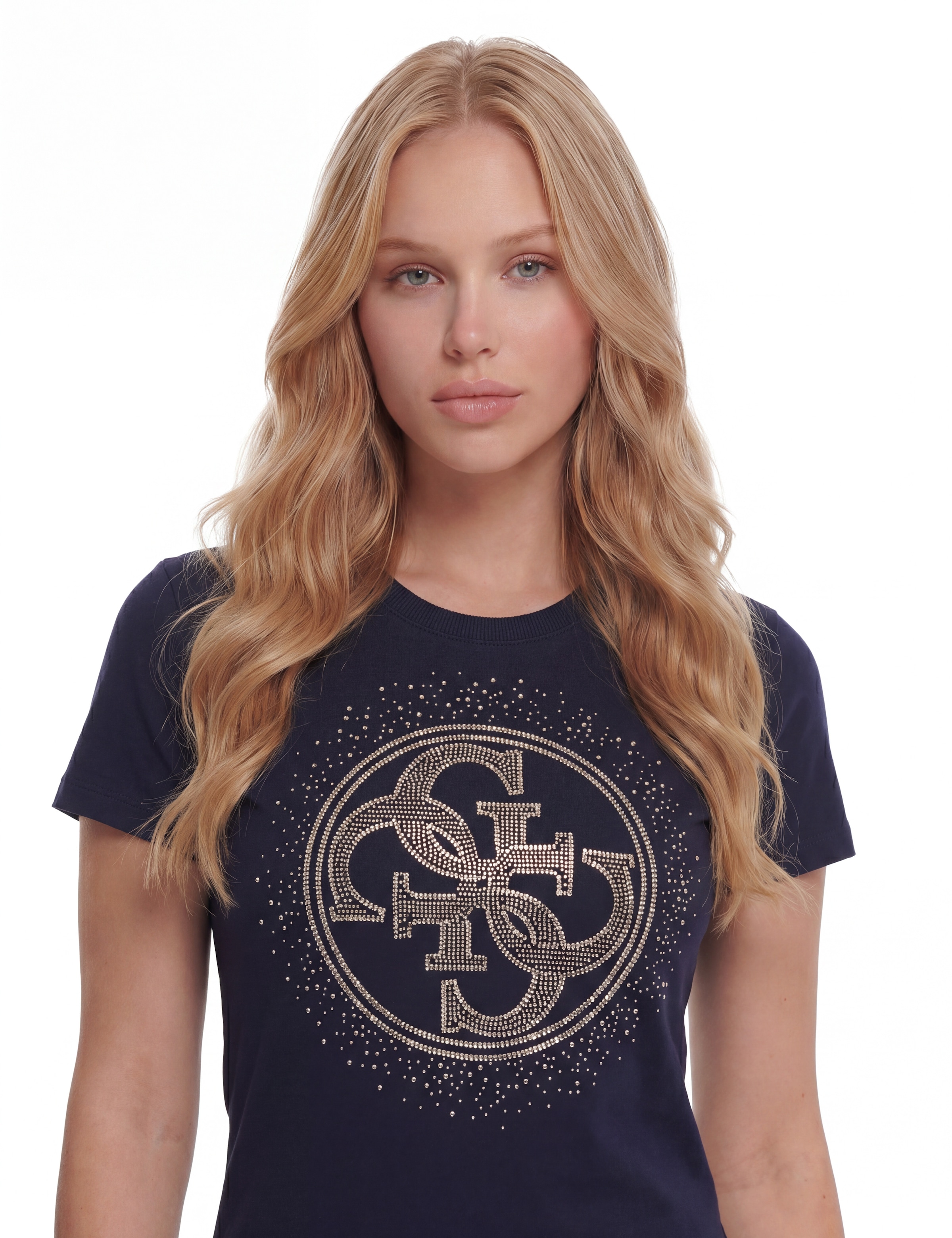Guess T-Shirt »CN 4G ROUND CRYSTALS LOGO« mit markantem Logodesign, Regular Fit