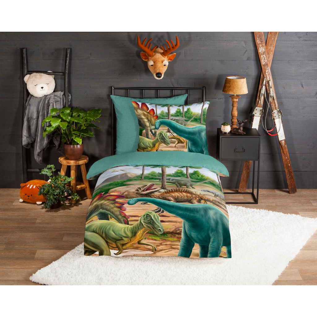 good morning Kinderbettwäsche »Prehistory Dinos«, (2 tlg.), 100% Baumwolle/ Flanell (Biber)