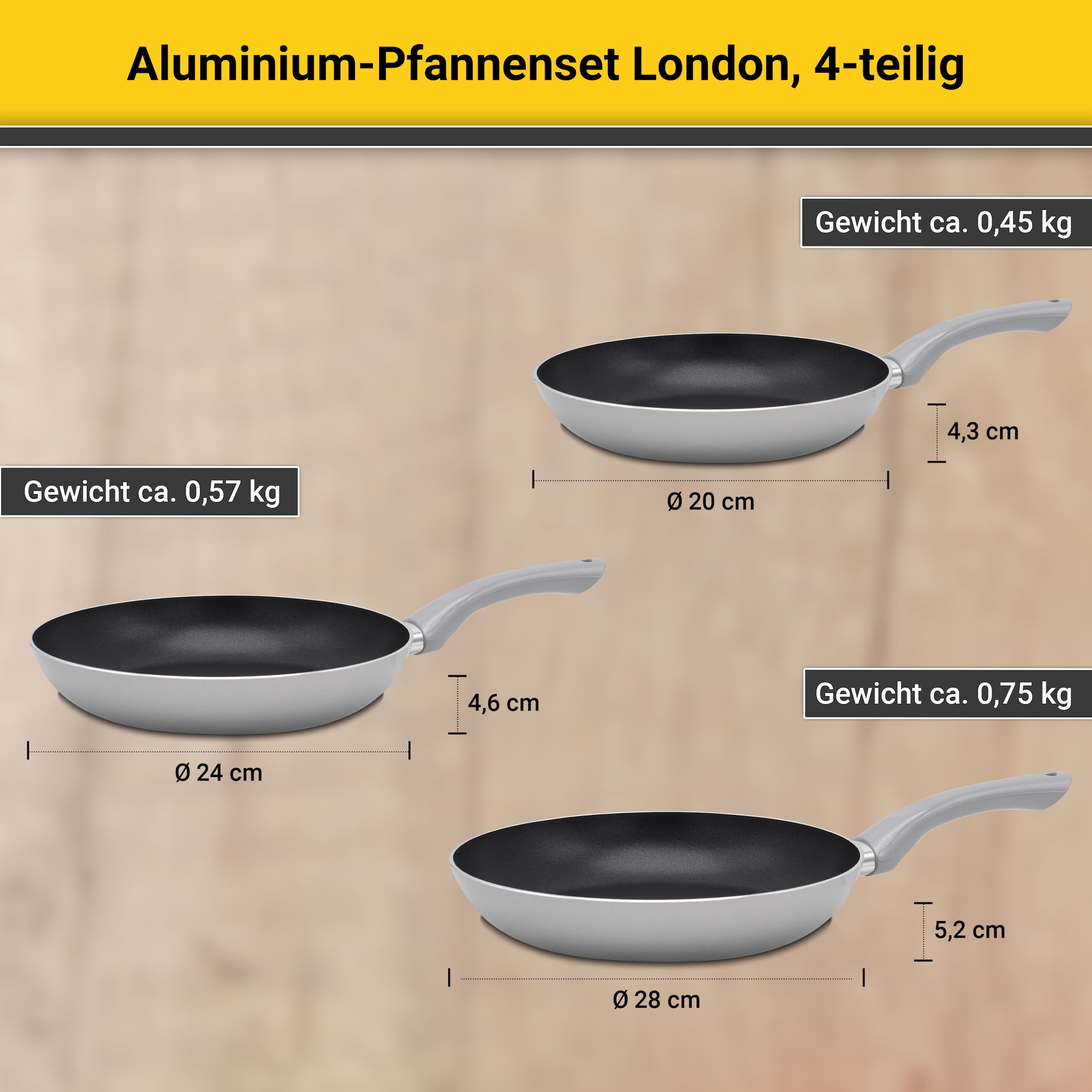 Krüger Pfannen-Set »Aluminium Pfannenset London, 4 tlg.«, Aluminium, (Set, 4 tlg., je 1 Bratpfanne Ø 20 /24 / 28 cm, 1 Pfannenwender), für Induktions-Kochfelder geeignet