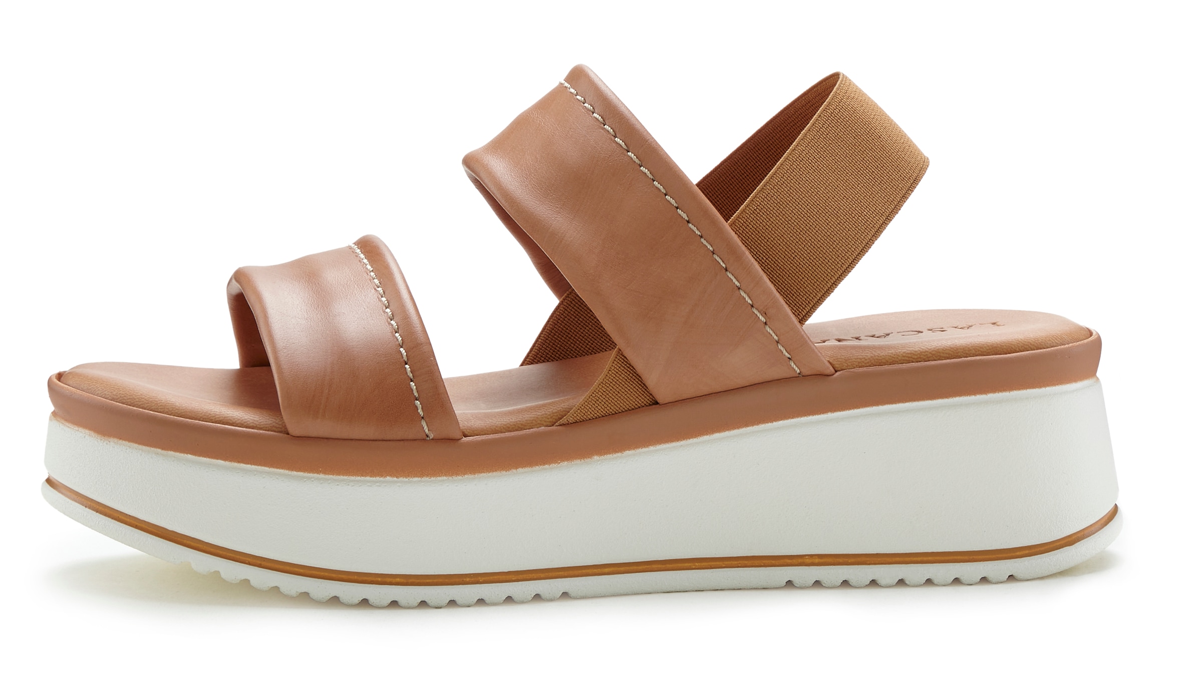 LASCANA Plateausandaletten »Sommerschuh, Sandale, Sandalette, offener Schuh,«, Sandalette aus Leder mit modisch bequemer Plateausohle