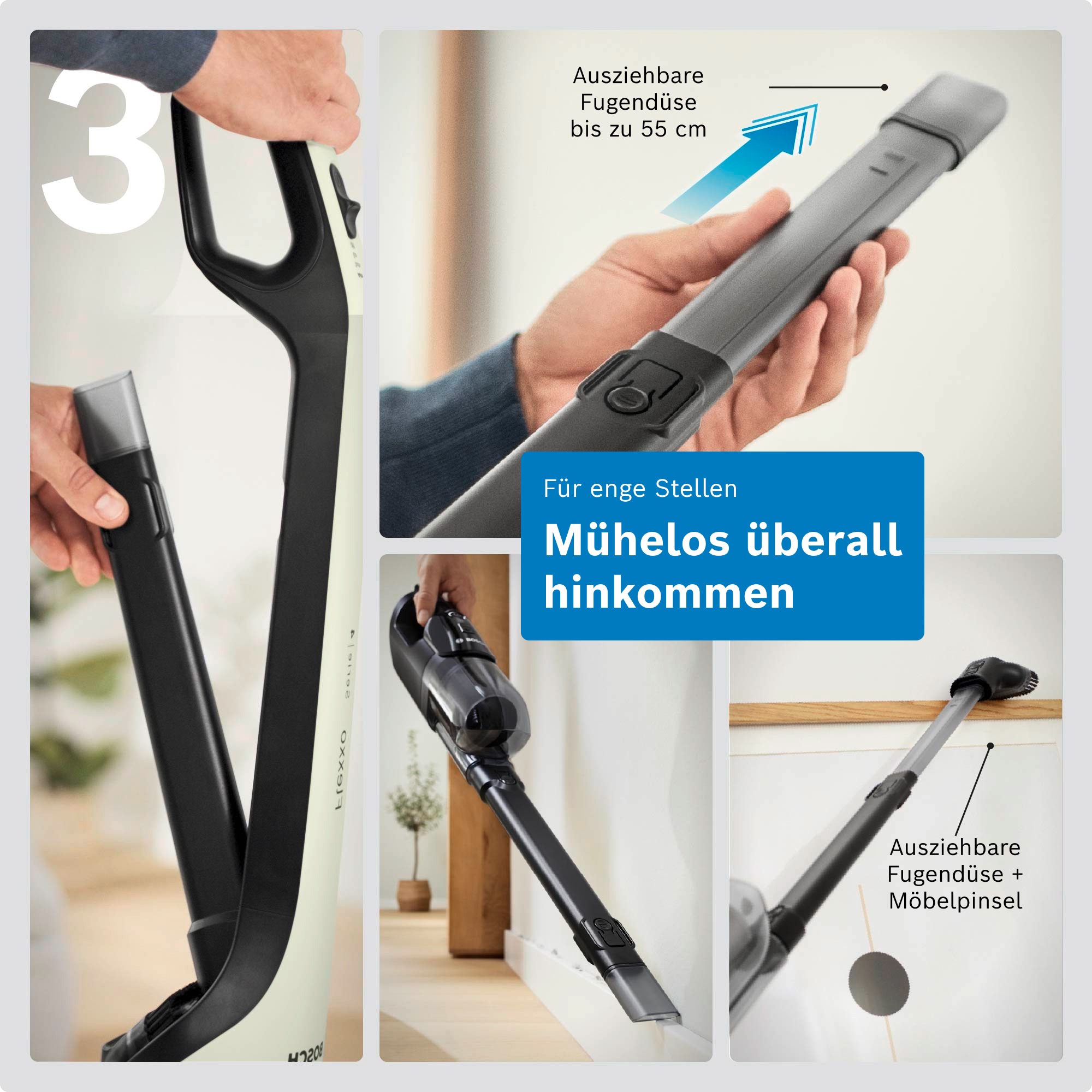 BOSCH Akku-Stielstaubsauger »Flexxo Serie 4 BCH4FM28/BCH4SM28, 2in1 Akku-Staubsauger, freistehend« kabellos, integriertes Zubehör, beutellos, 60 Min. Laufzeit