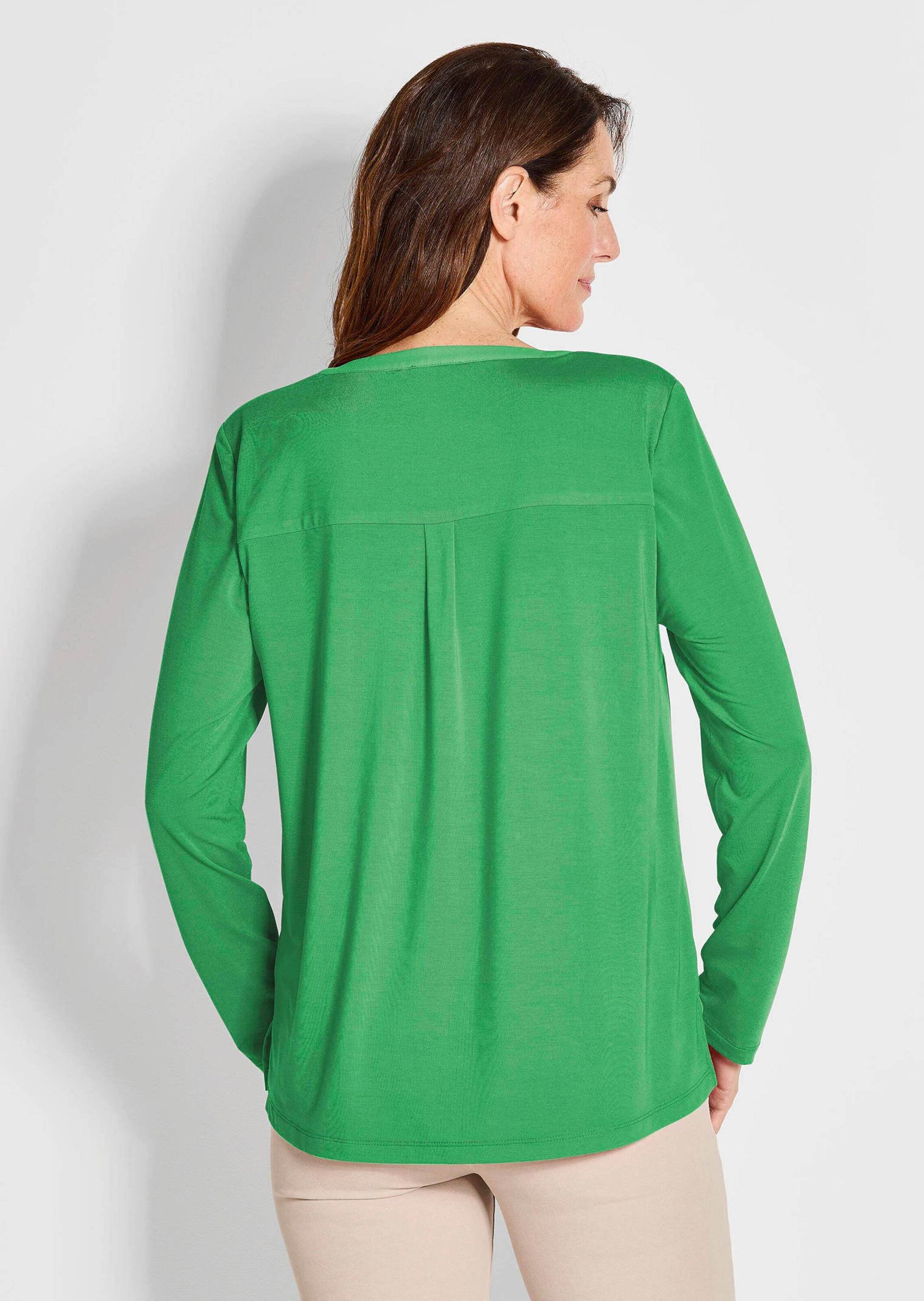 GOLDNER Kurzarmbluse »Langarm Damen Unibluse mit Chiffoneinsatz und Rundhalsaussschnitt«