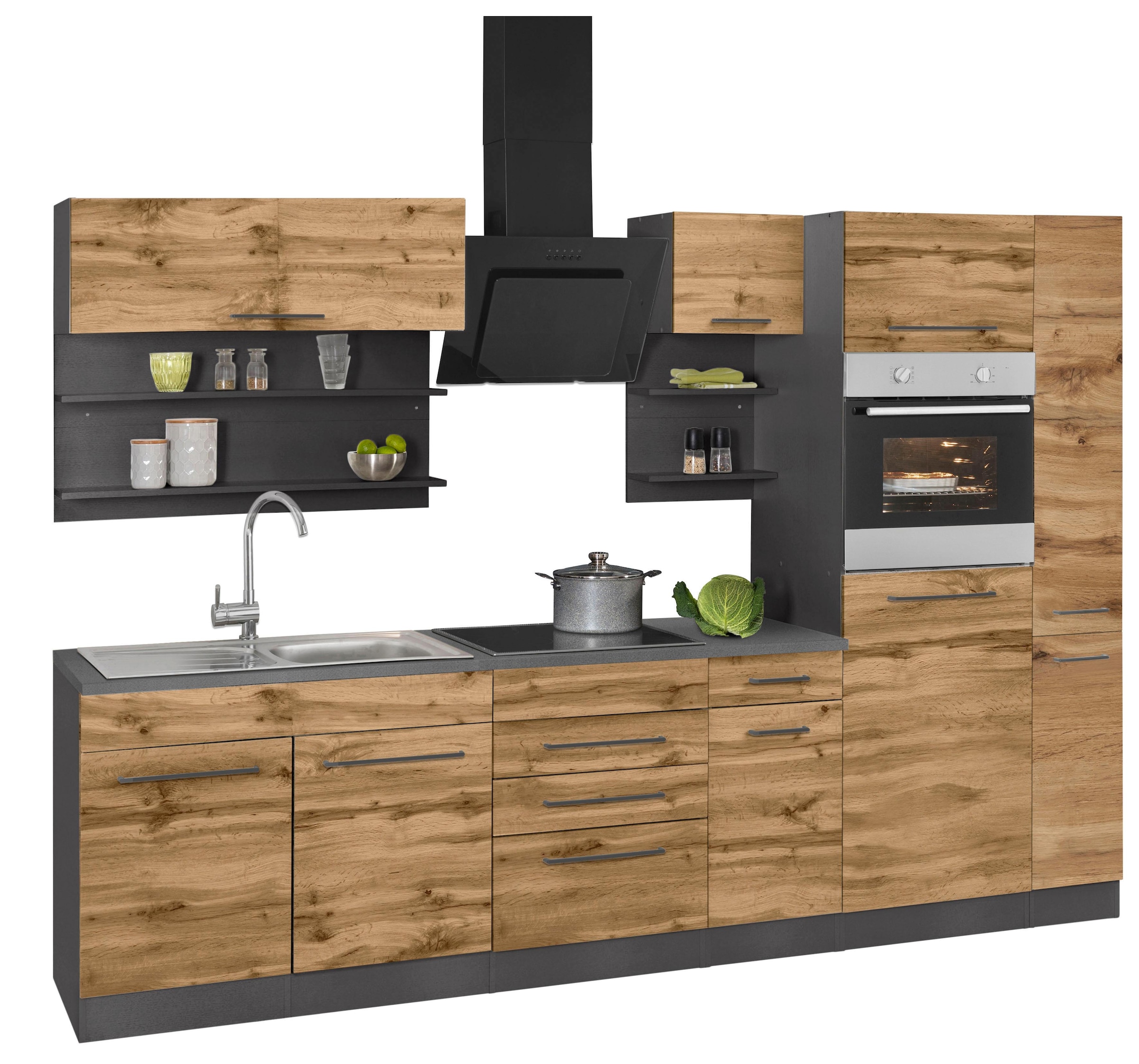 KOCHSTATION Küchenzeile »KS-Tulsa«, mit E-Geräten, Breite 300 cm, schwarze Metallgriffe, MDF Fronten