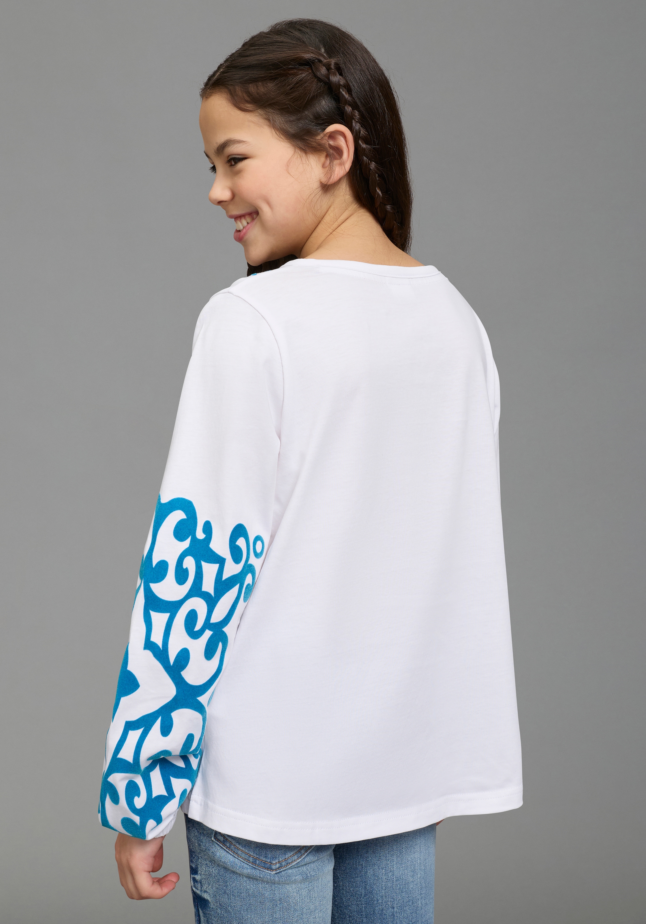 KangaROOS Langarmshirt »Kangaroos Tunika-Shirt mit aufwendigem Druck« mit V-Ausschnitt, Ärmel mit innenliegendem Gummizug, aus Baumwolle