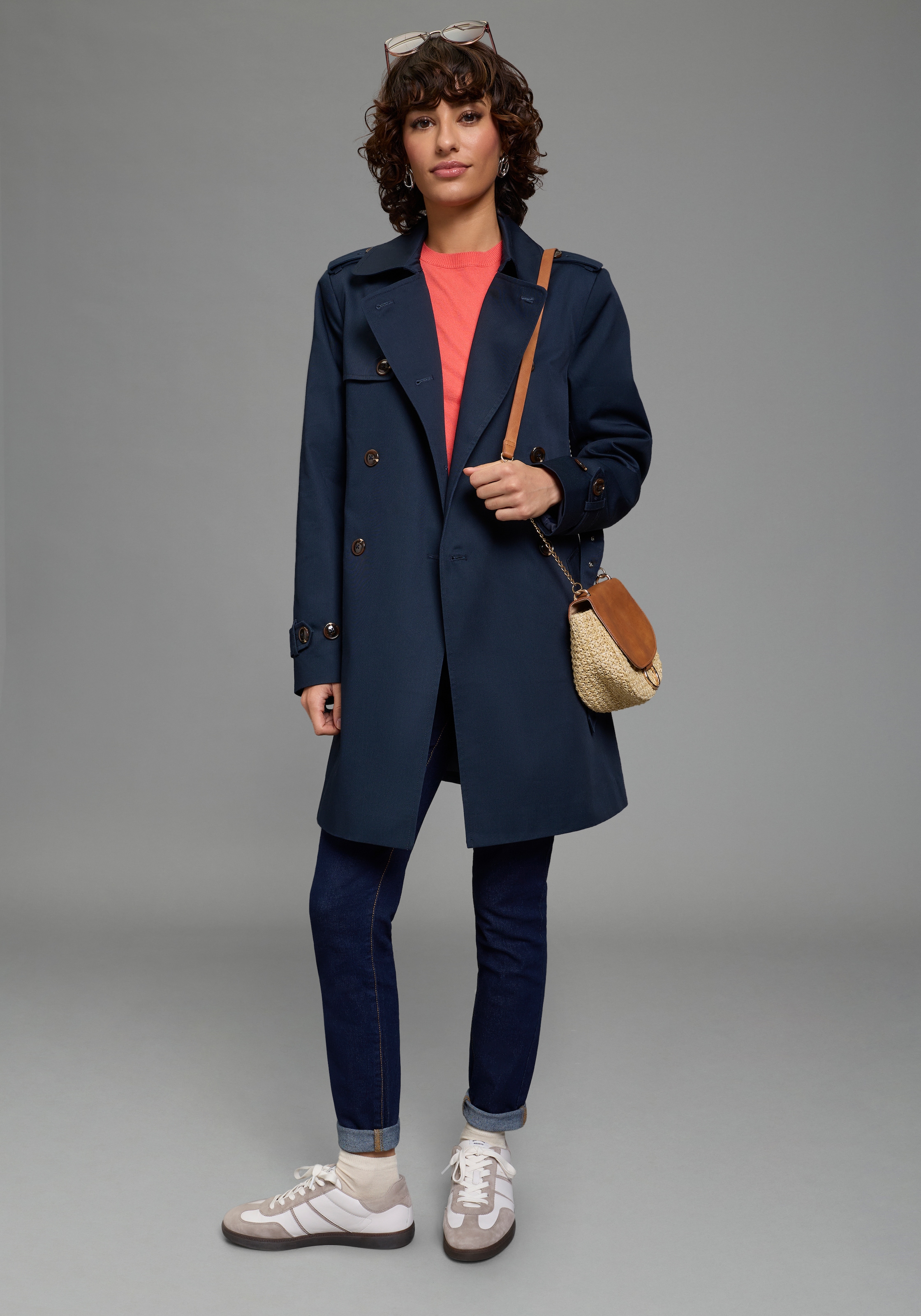 Laura Scott Trenchcoat aus Baumwolle und Polyester, unifarben mit Piping-Applikationen