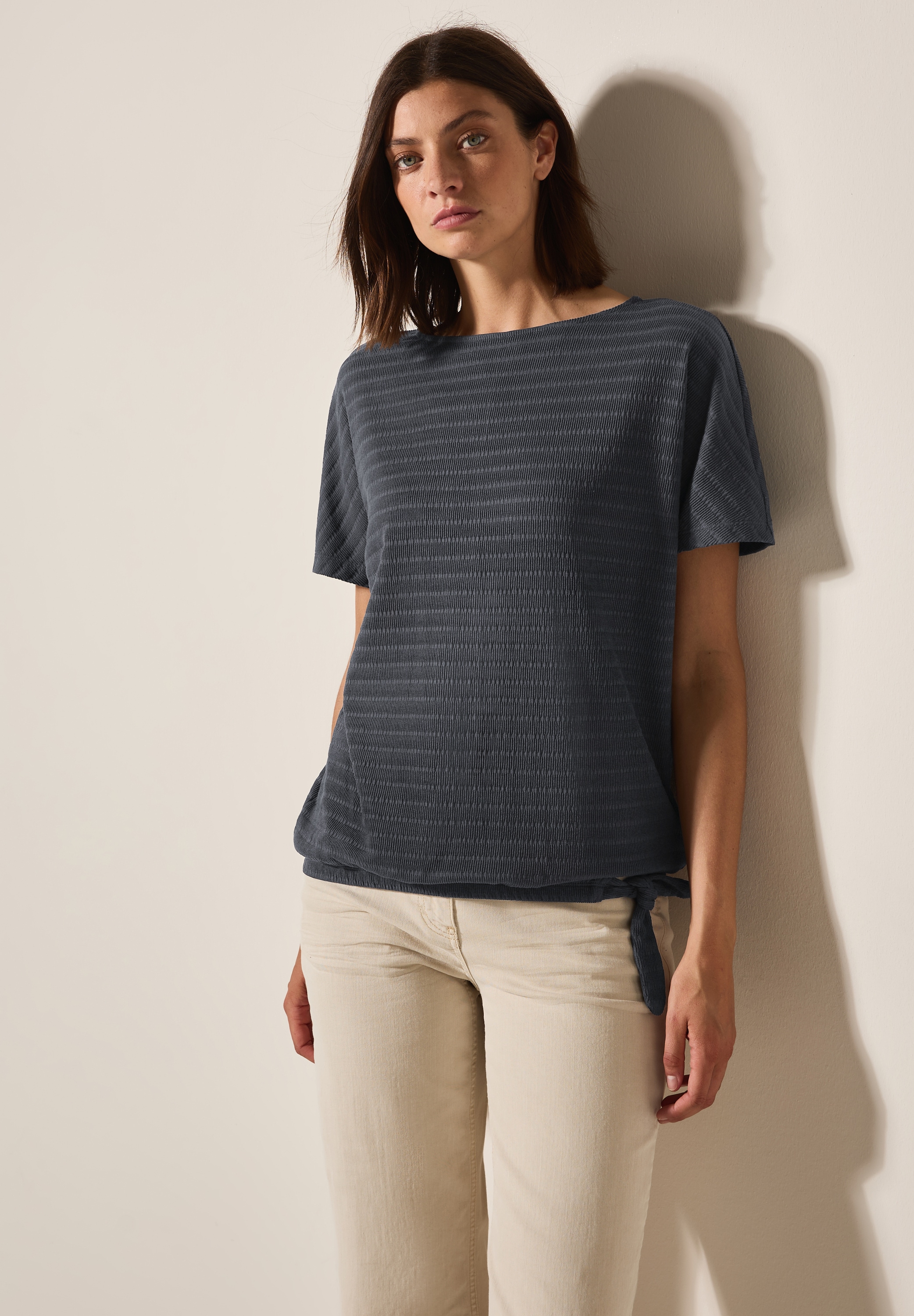 Cecil T-Shirt, in Smok-Optik und mit Knoten-Detail