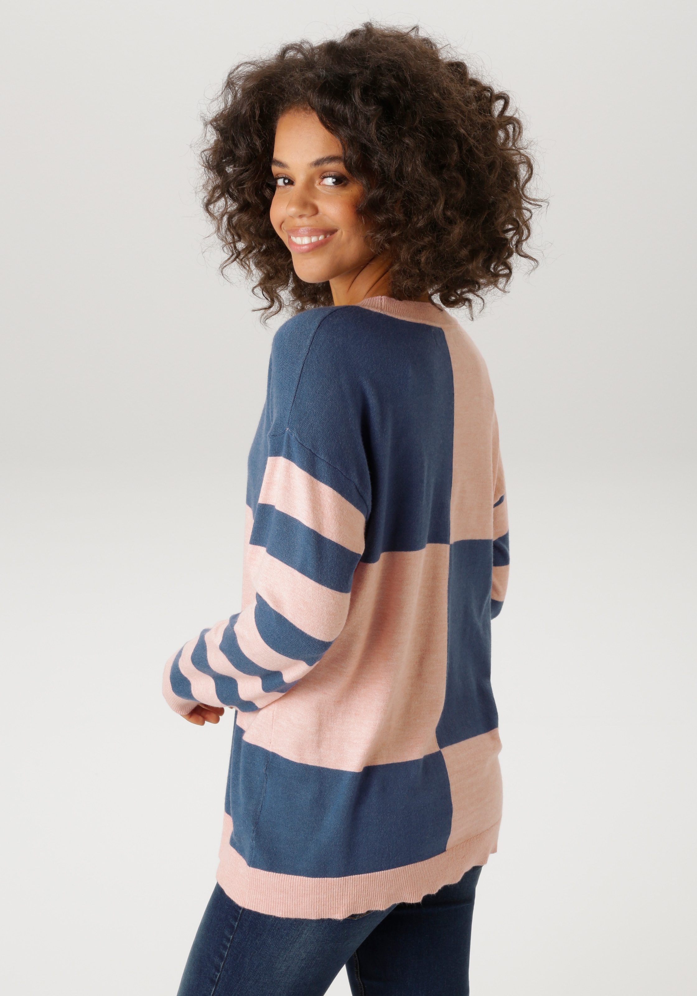 Aniston CASUAL Strickpullover mit großflächigem Patchmuster und geringelten Ärmeln - NEUE KOLLEKTION