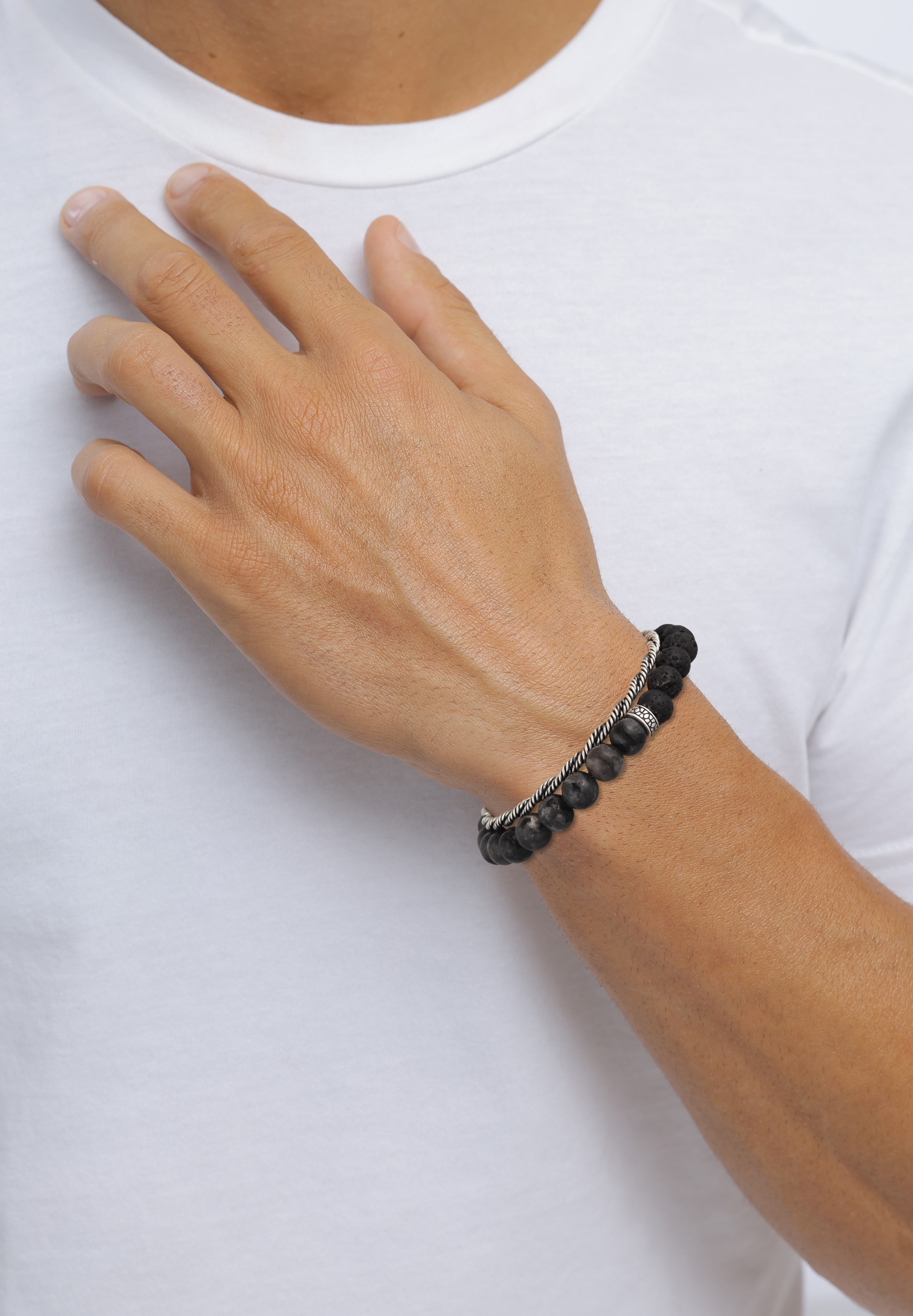 Kuzzoi Armkette »Armband 2er Set Lavaperlen Kordelkette 925 Sterling Silber Oxidiert«