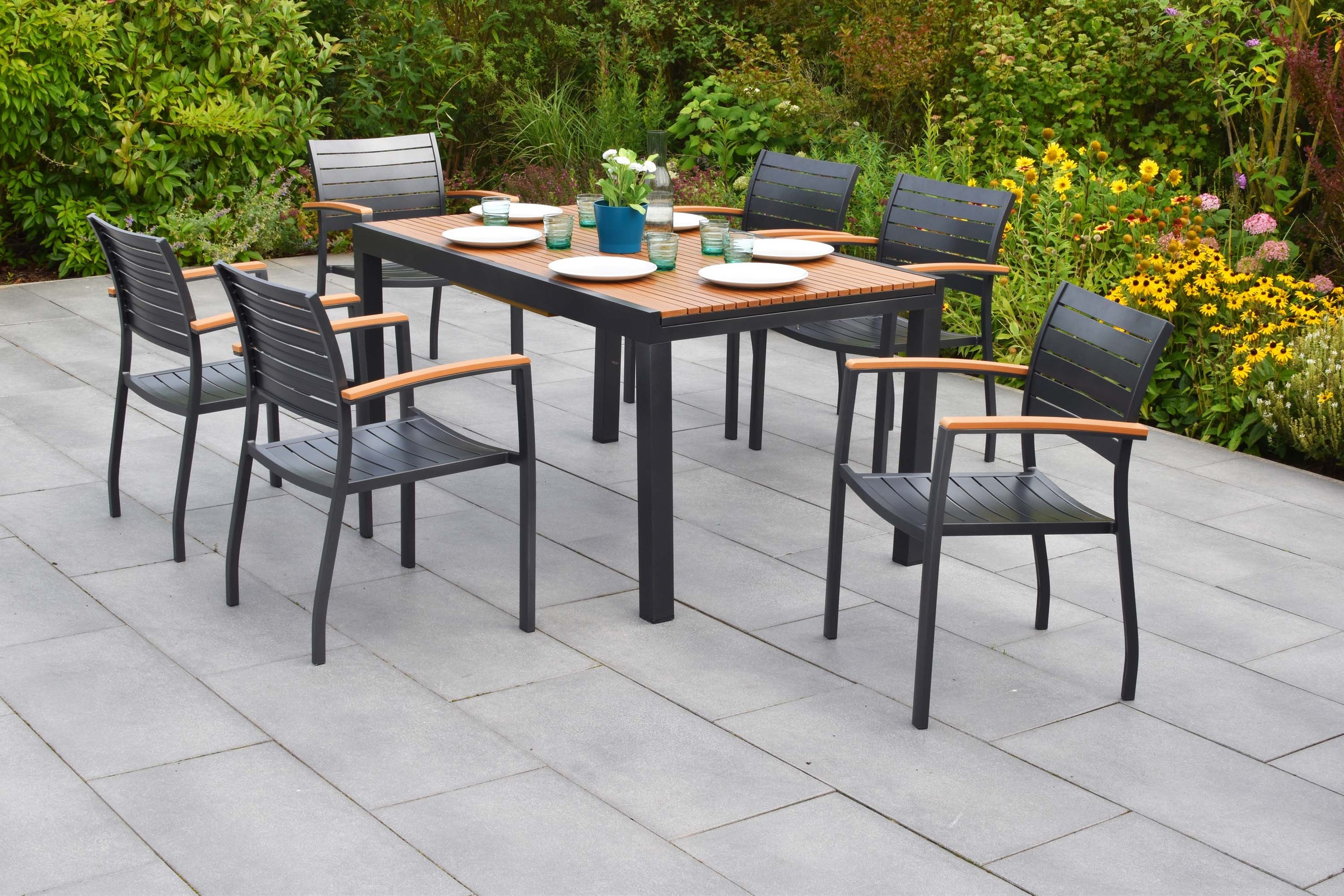 MERXX Garten-Essgruppe »Astros« Set, 13 tlg. inkl. 6 Stapelsessel, 6 Auflagen, 1 Ausziehtisch