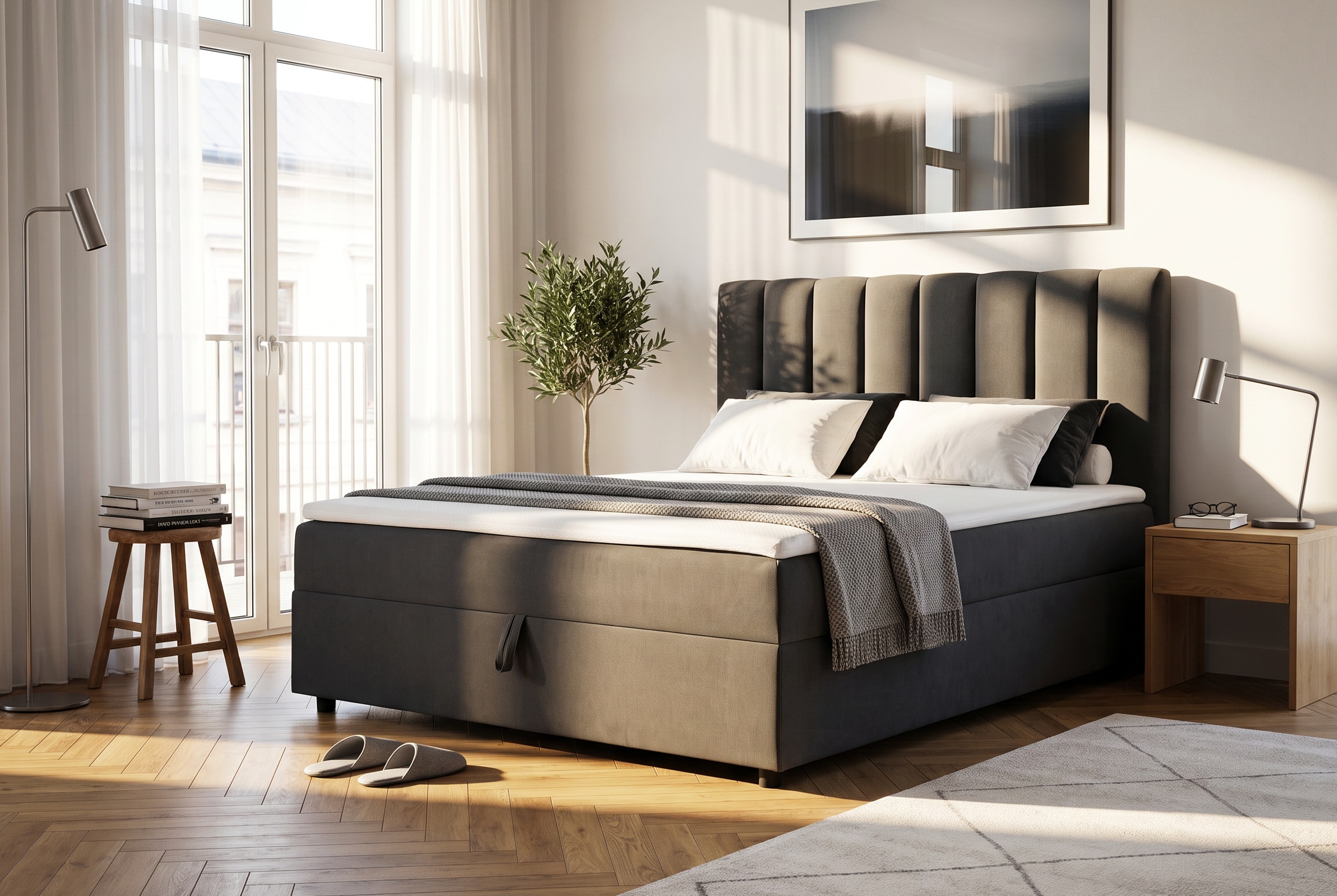 OTTO home Boxbett »HAILEYY, Polsterbett mit Bettkasten, inkl. Taschenfederkernmatratze H3« mit Kaltschaumtopper, Chenille-Bezug, 140x200 & 180x200 cm