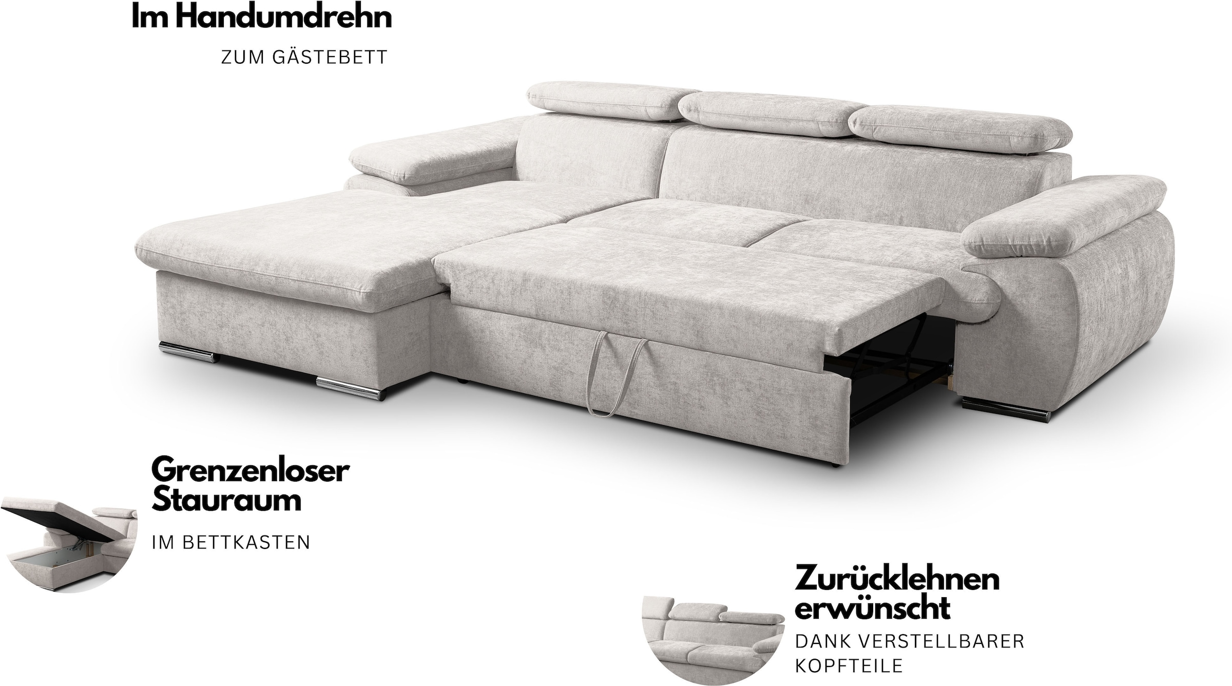 WERK2 Ecksofa »Cosmo 282 cm breit, Multifunktionen, Bettfunktion« Chenille, L-Form, XXL, Schlaffunktion, Bettkasten