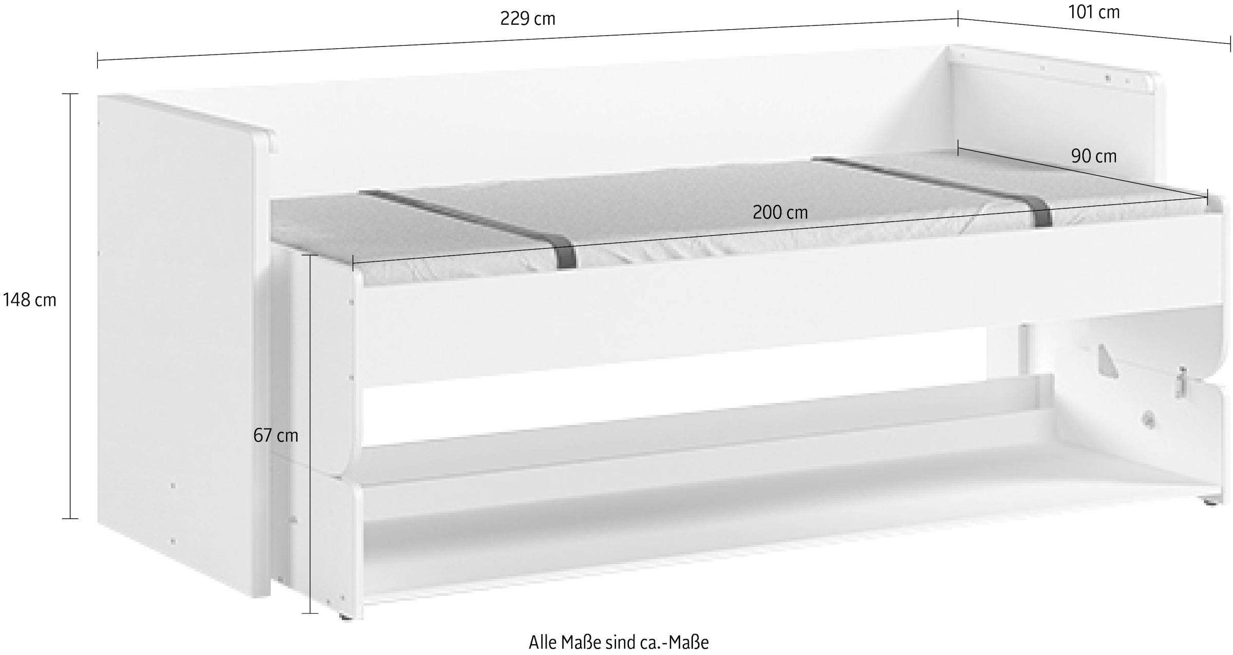 Vipack Einzelbett »Denver 90/200, die 2 in 1 Lösung für das Kinderzimmer, viel Funktion«, (B/H/T ca. 216,5x146,5x109,5cm, Dekor weiß, schwenkbar zum Schreibtisch), mit großer Schreibplatte, ideal für kleine Räume