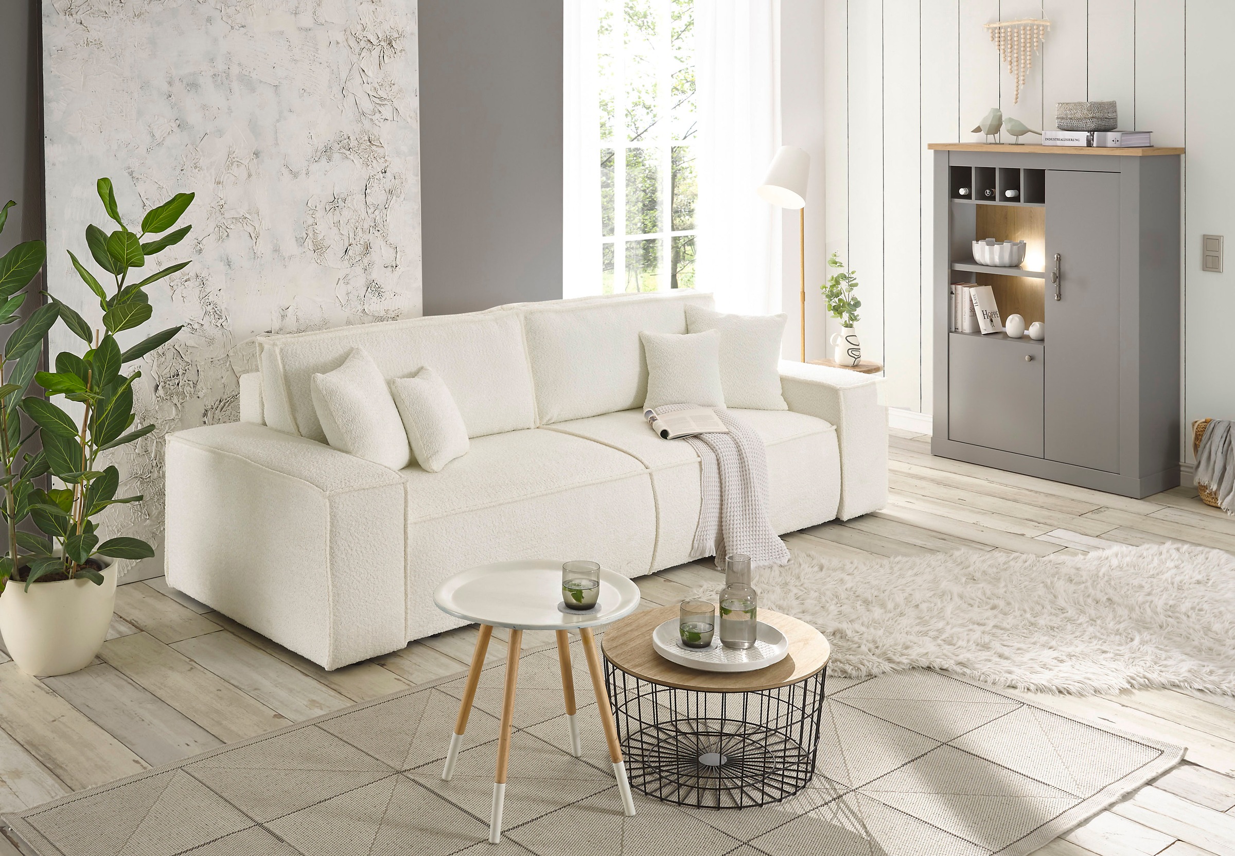 andas 3-Sitzer »FINNLEY Schlafsofa 257 cm, Schlaffunktion mit Bettkasten (200/136cm)«, in Aqua Clean-Bouclé, Struktur fein u. Cord