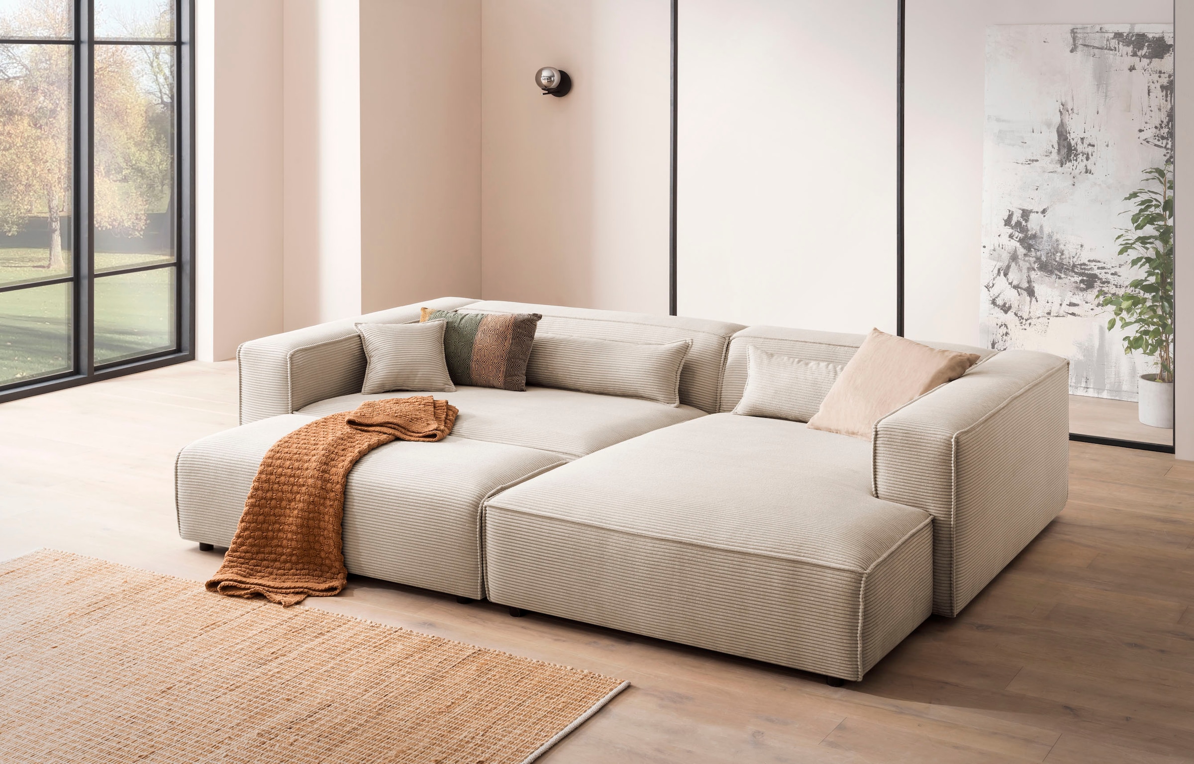 LeGer Home by Lena Gercke Polsterecke »PIARA XXL, L-Form mit Schlaffunktion, Big-Sofa in Cord o. Leinenoptik«, Hocker stellbar zum Schlafsofa (Krokodilverbinder), tiefe Sitzfläche