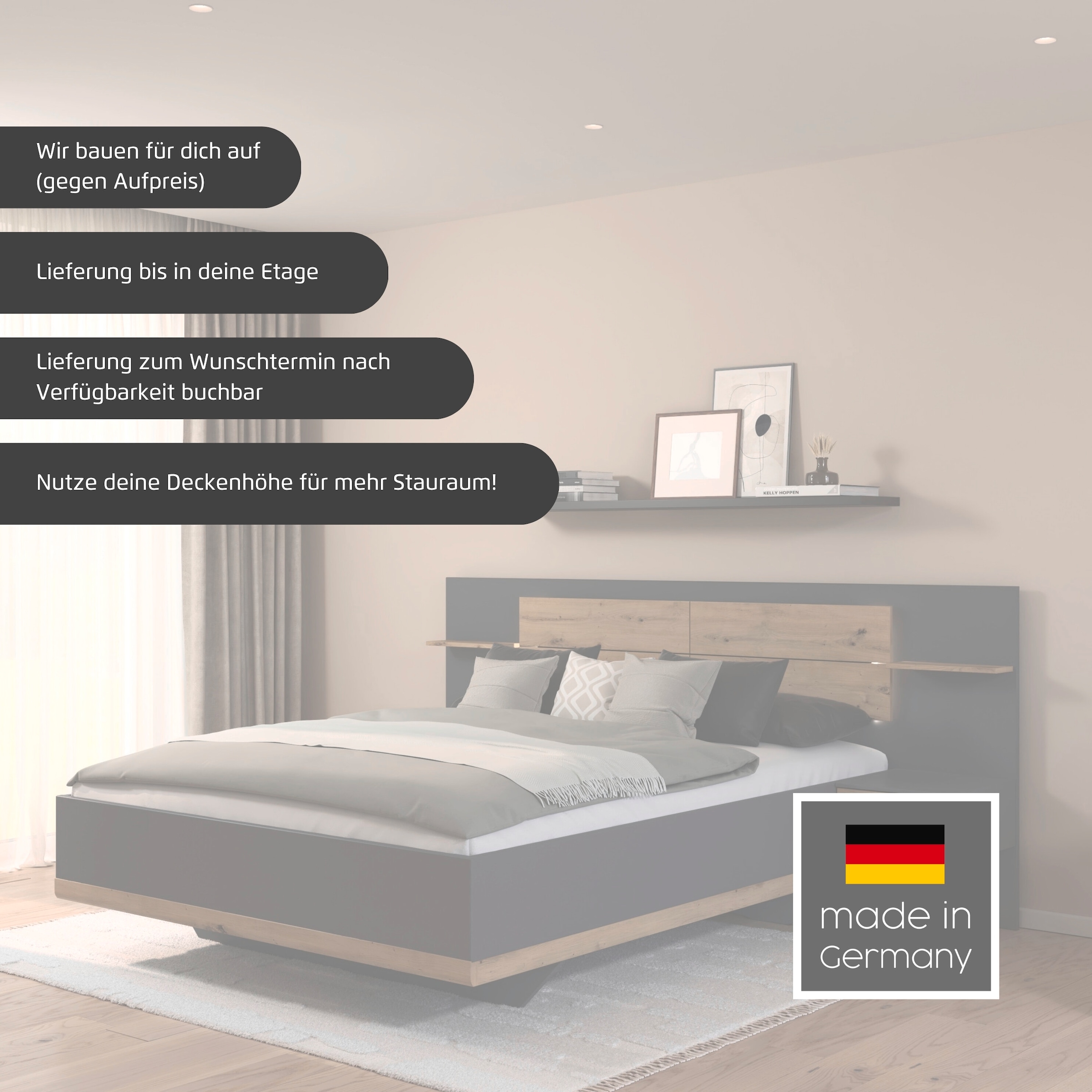 rauch Bettanlage »Bett Doppelbett Komfortbett Funktionsbett BOSTON-EXTRA« Set, Liegeflächen 160 cm oder 180 cm, 3 tlg. tlg. Mit warmer Kopfteil-Beleuchtung, 2x Hänge-Nachttische MADE IN GERMANY