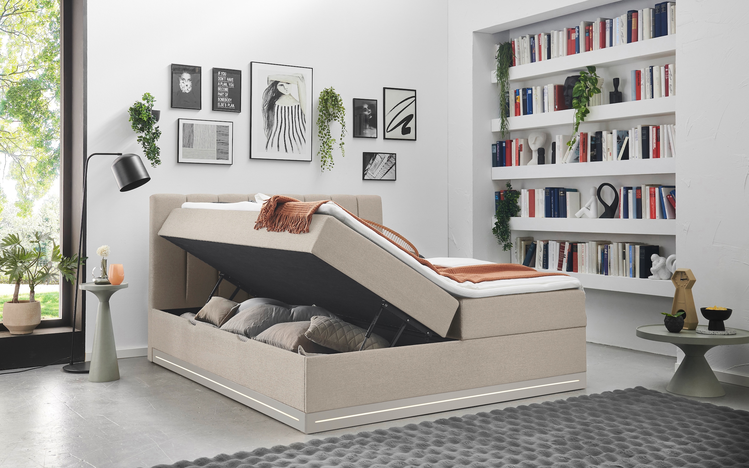 Home affaire Boxbett »WAKKANAI, Polsterbett mit Bettkasten, inkl. Taschfederkernmatratze H3« mit PUR-Schaum-Topper, mit LED-Lichtleiste, LIegefläche 180x200cm