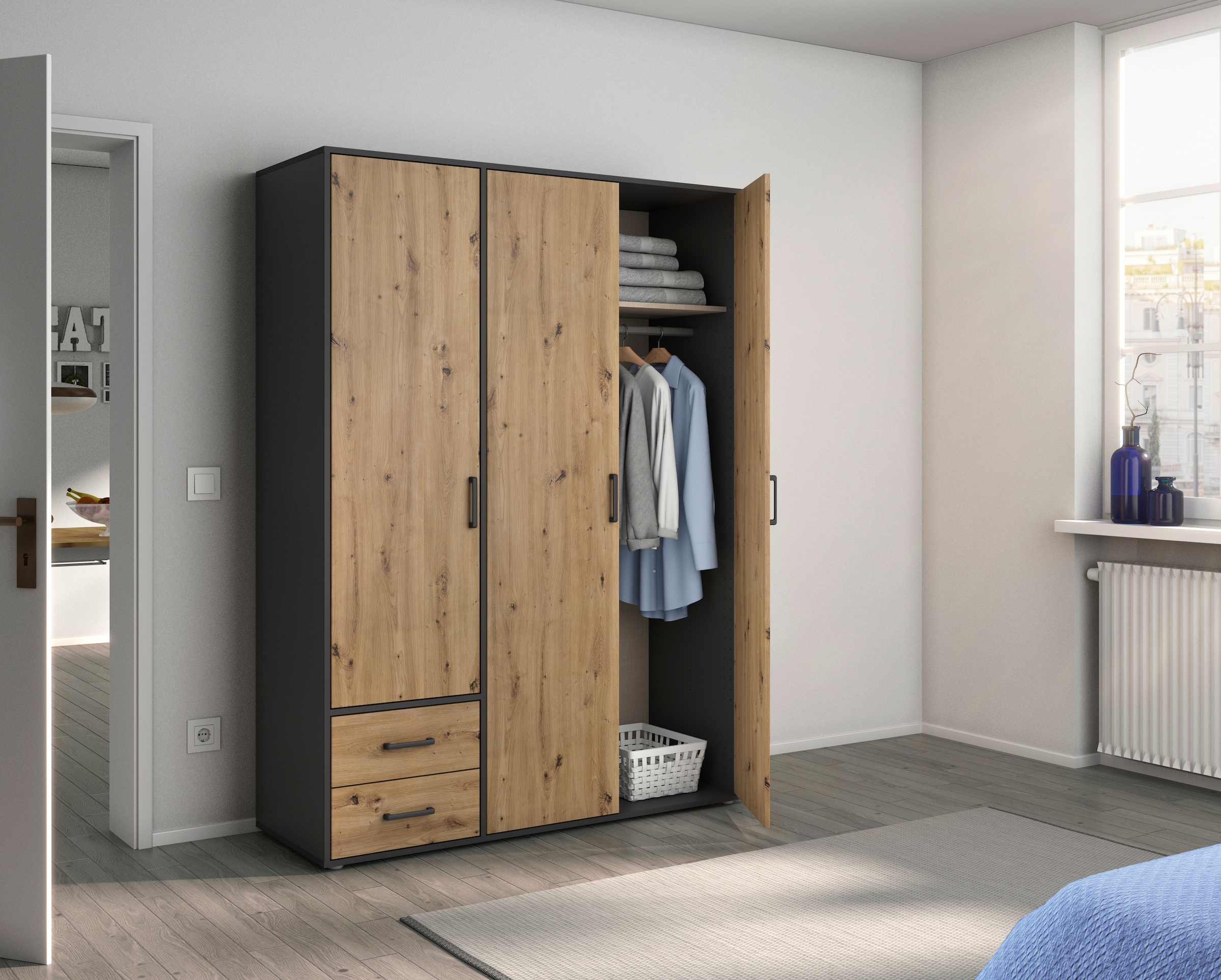 rauch Drehtürenschrank »Kleiderschrank Schrank Garderobe Wäscheschrank VOYAGER«, moderne Griffe in Graumetallic mit Außenschubkästen MADE IN GERMANY