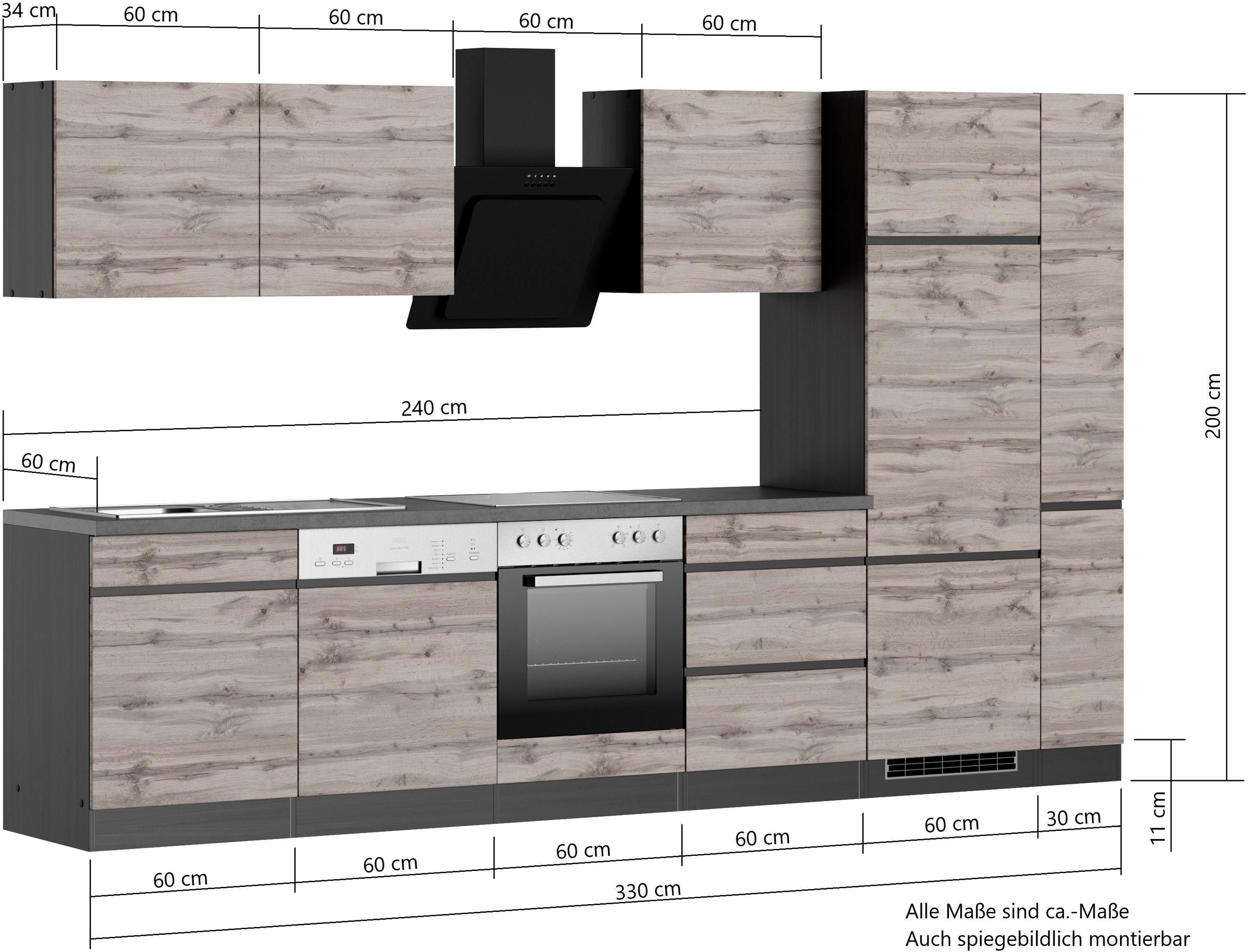 KOCHSTATION Küchenzeile »KS-Riesa« Stellbreite 330 cm, wahlweise mit oder ohne E-Geräte