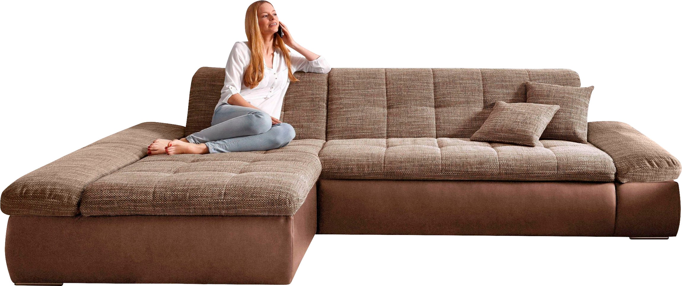 DOMO collection Ecksofa »Moric, L-Form, XXL-Sofa - Breite 300cm«, wahlweise mit Bettfunktion und Armteilverstellung, beige-braun