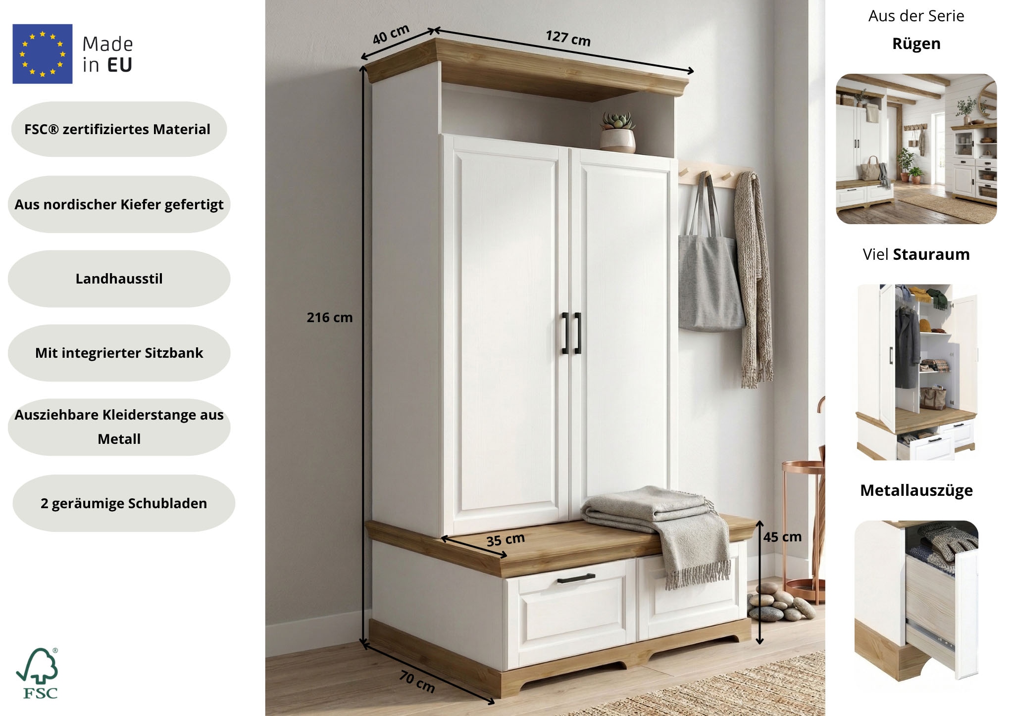 OTTO home Wäscheschrank »Rügen XXL– Landhaus-Charme mit maximalem Stauraum, zeitlos schön« B/H/T ca. 127/216/70 cm,  Integrierte Sitzbank + Schubladen: Stauraum für Schlafzimmer+Diele