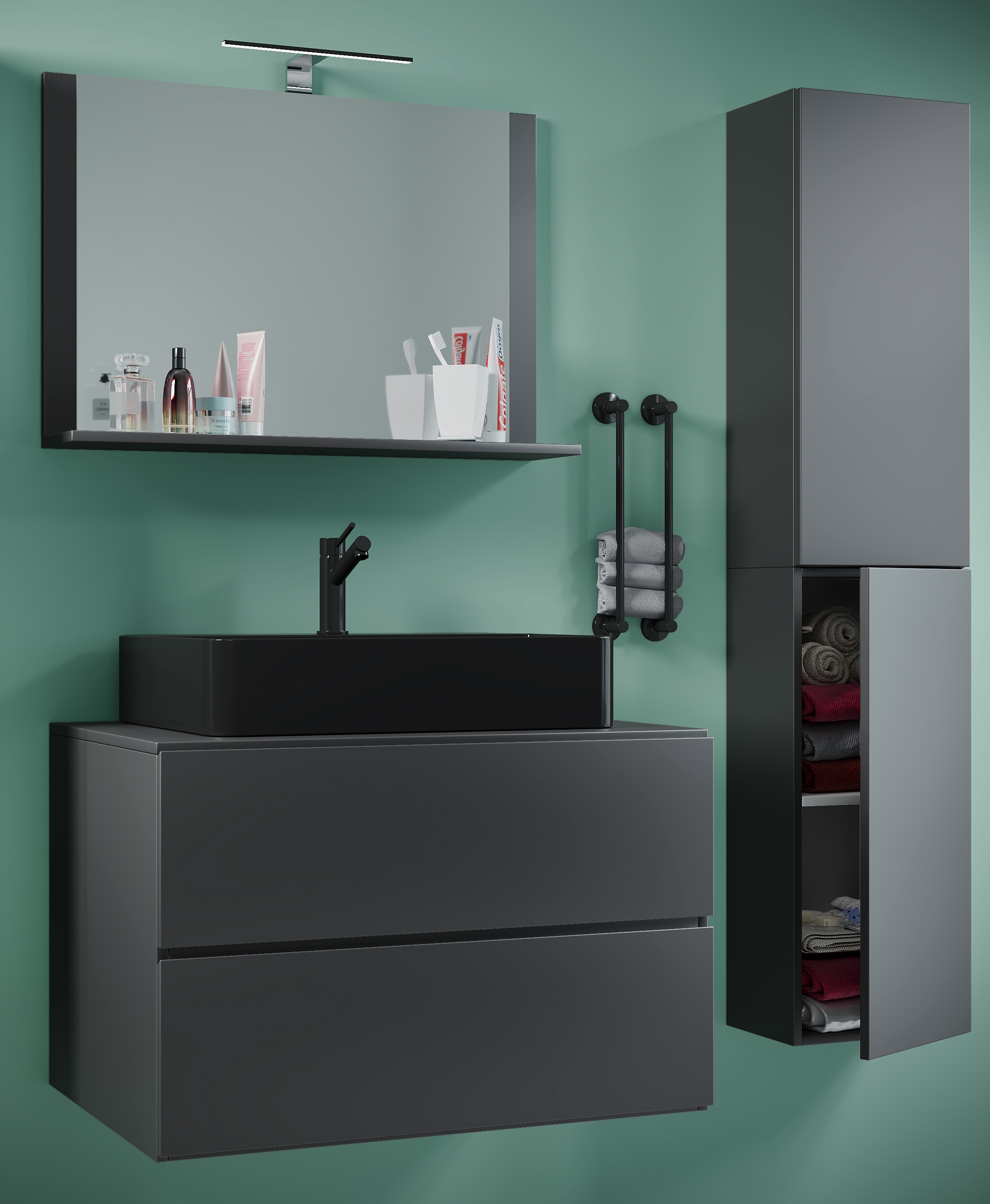 VCM Waschbeckenunterschrank »VCM 4-tlg. Waschplatz Waschtisch Badmöbel Set Waschbecken Lendas-BL Breite 80 cm L Schublade«, (4 St.)