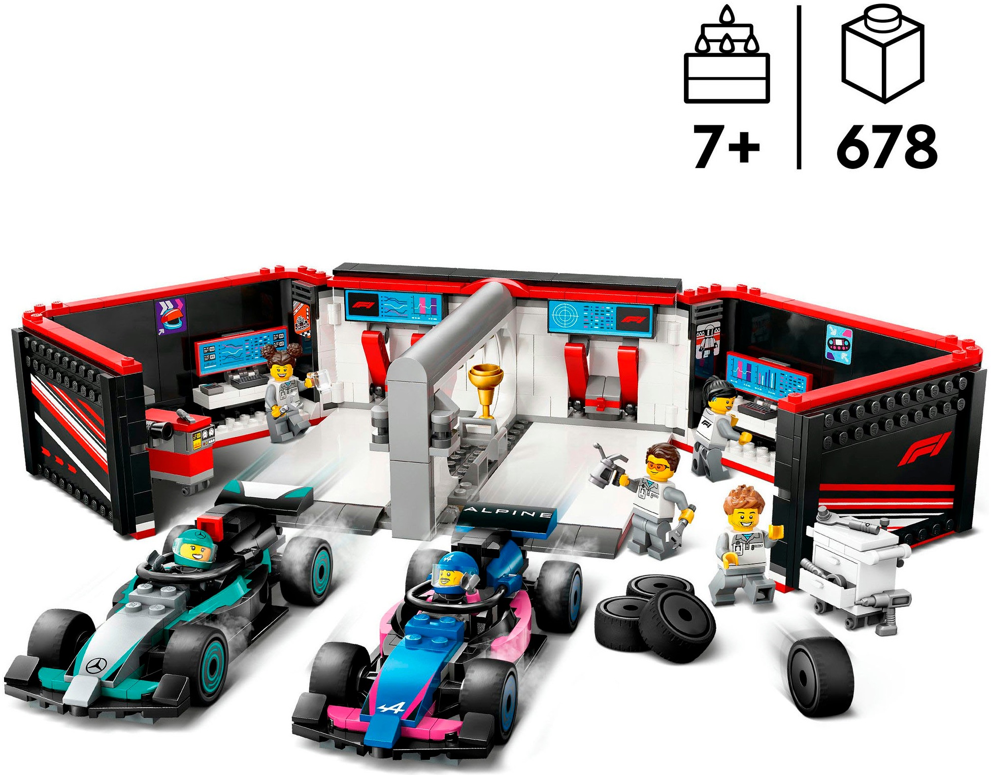 LEGO® Konstruktionsspielsteine »F1® Garage mit Mercedes-AMG & Alpine Rennautos (60444), LEGO City«, (678 St.), Made in Europe