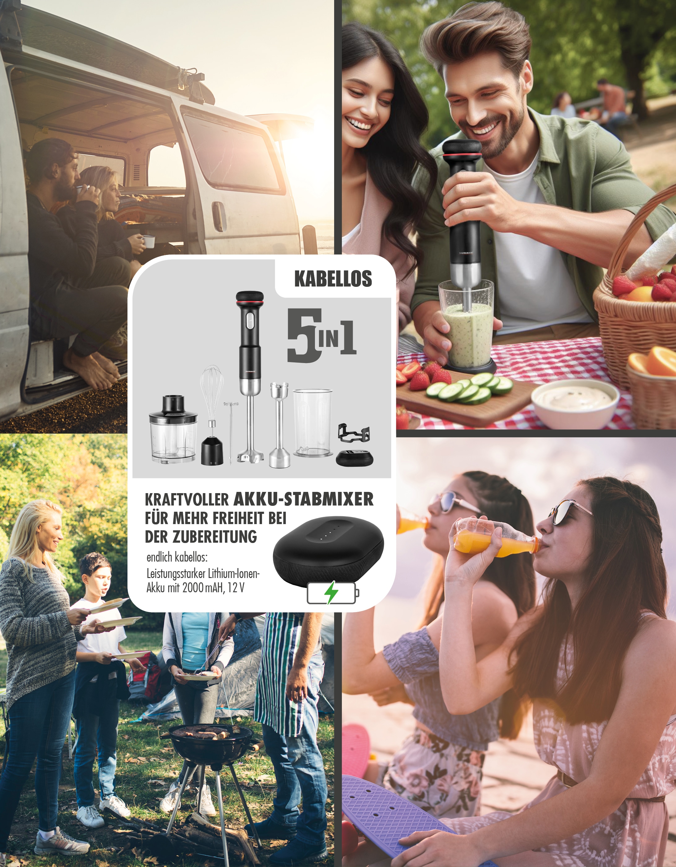 Gastroback Stabmixer »40982, Kabellos« 180 W 5 in 1: pürieren, zerkleinern, aufschäumen, aufschlagen, emulgieren