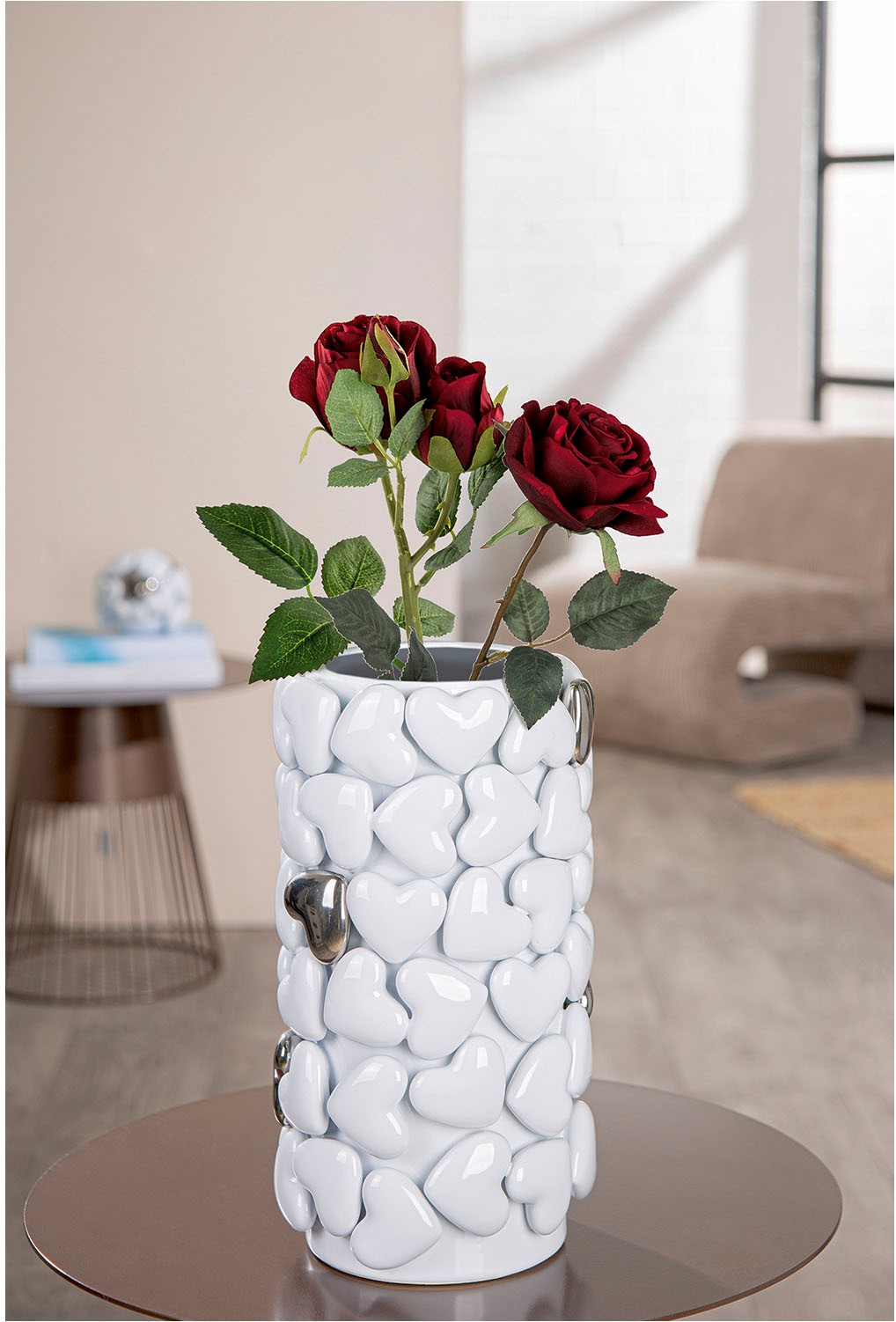 GILDE Tischvase »Vase zylindrisch Hearts weiß H. 31,5 cm«