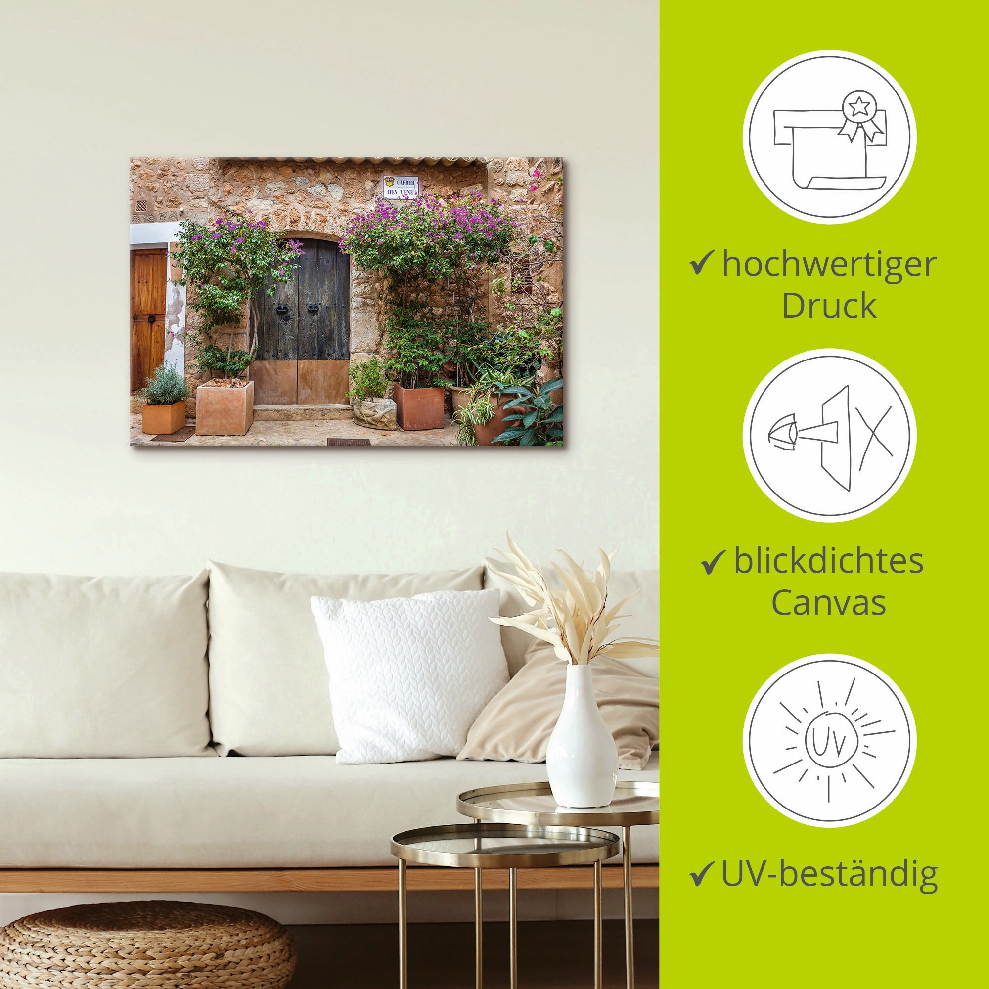 Artland Leinwandbild »Altstadtgasse im Dorf Fornalutx Mallorca«, Fenster & Türen, (1 St.), auf Keilrahmen gespannt