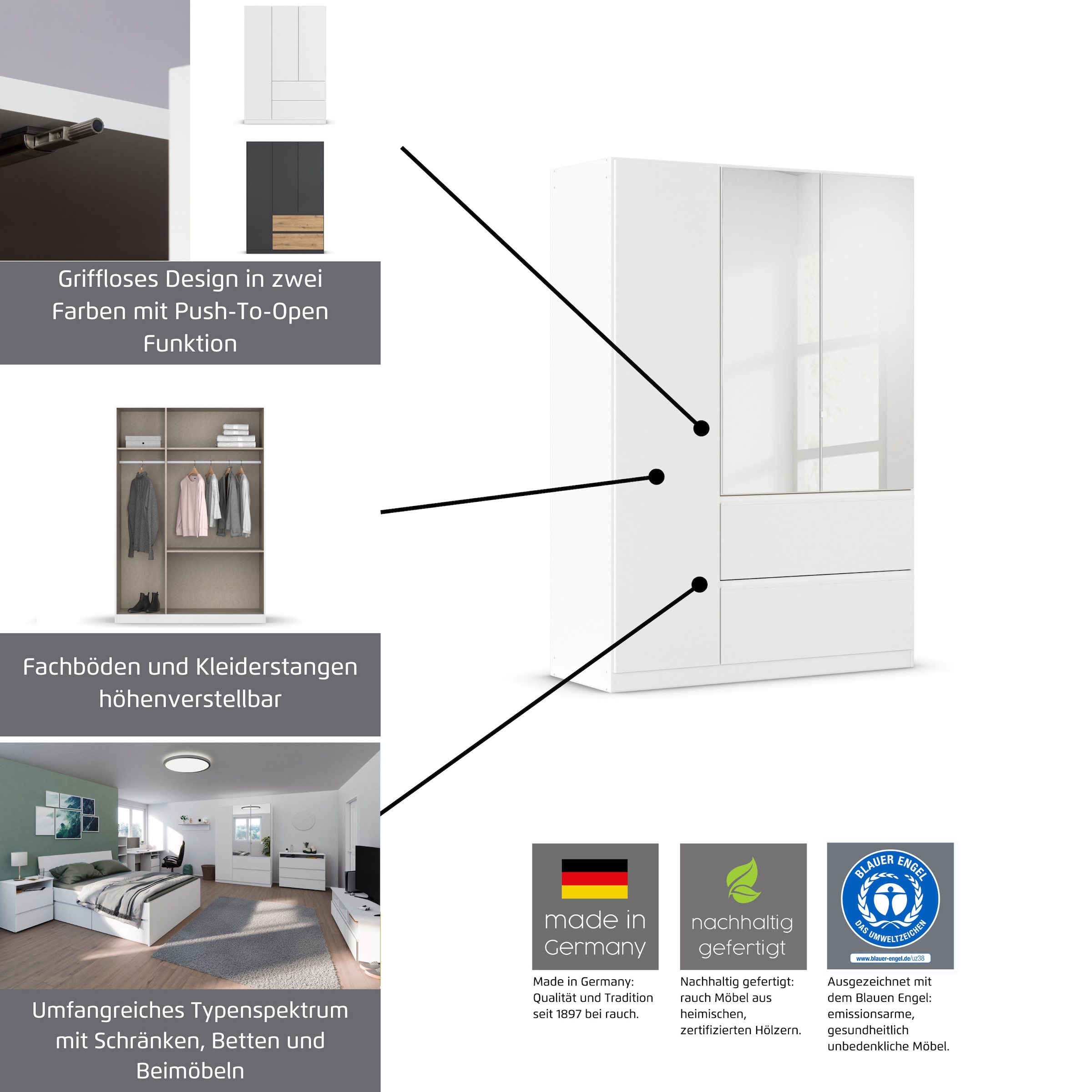 rauch Jugendzimmer-Set »Komplettzimmer Schlafzimmer-Set (4-St.) Jugendzimmer-Set JOEL«, (Set, 4 tlg.), Bett 2 Breiten, Nachttisch, Schreibtisch sowie Schrank MADE IN GERMANY