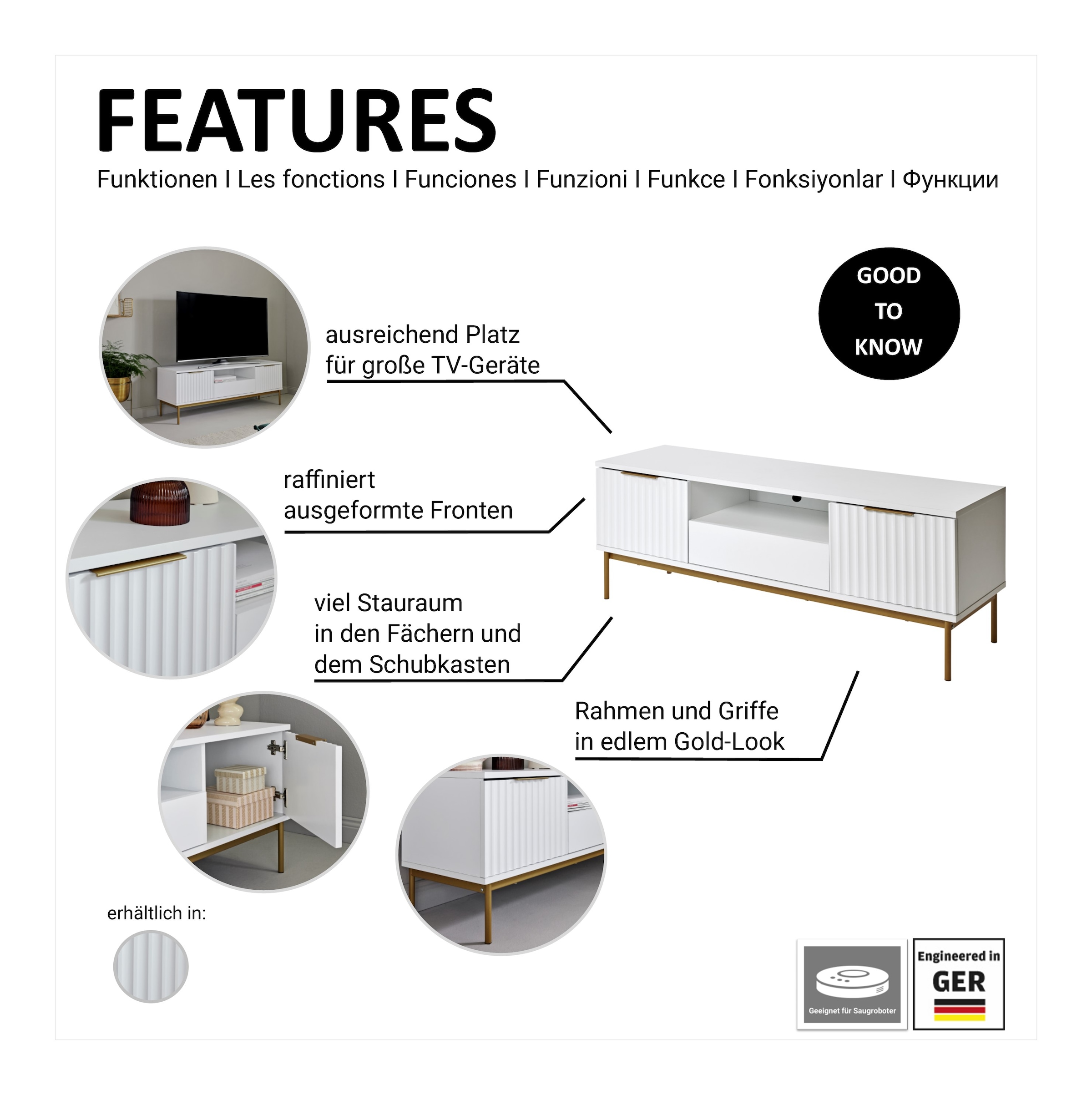 Jahnke TV-Board »CARVE TV 140«, (1 St.), Edle Gold-Applikationen, Fronten in Wellendesign, 140 cm