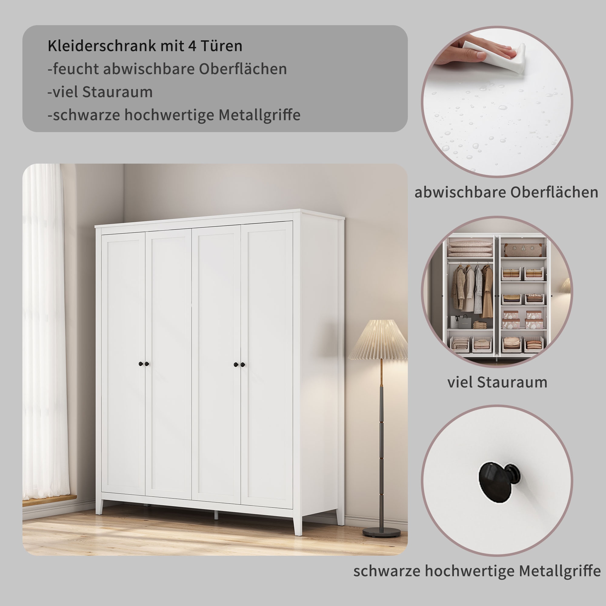 OTTO home Kleiderschrank »Borkum Schlafzimmerschrank Garderobe Landhaus Bestseller weiß« schwarze Griffe aus Metall, 