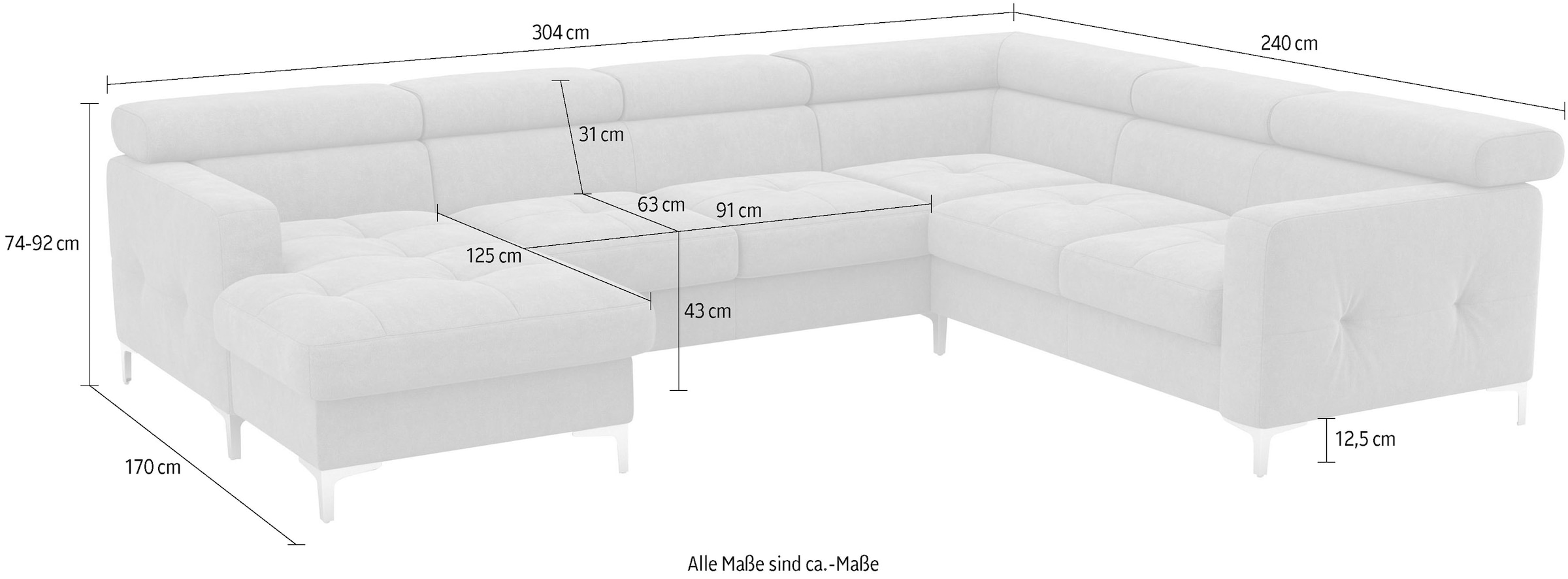 COTTA Wohnlandschaft »Sammy U-Form«, mit Kopfteilverstellung, optional mit Bettfunktion und Bettkasten