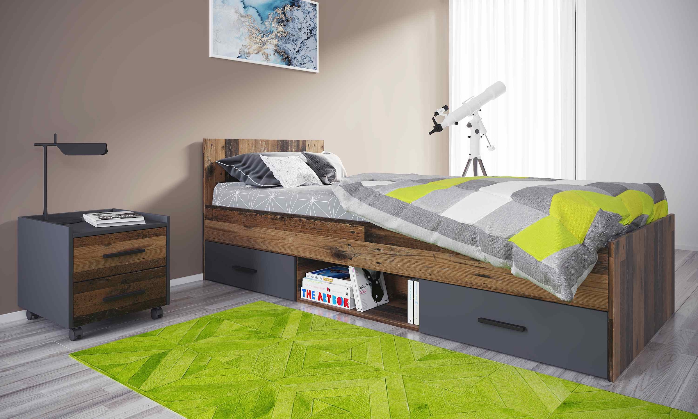 Bett online Nachttisch mit Jugendzimmer-Set Home affaire (3 Style, Industrial OTTO + bei 120er Stauraum »Nonjoo-Teen«, St.),