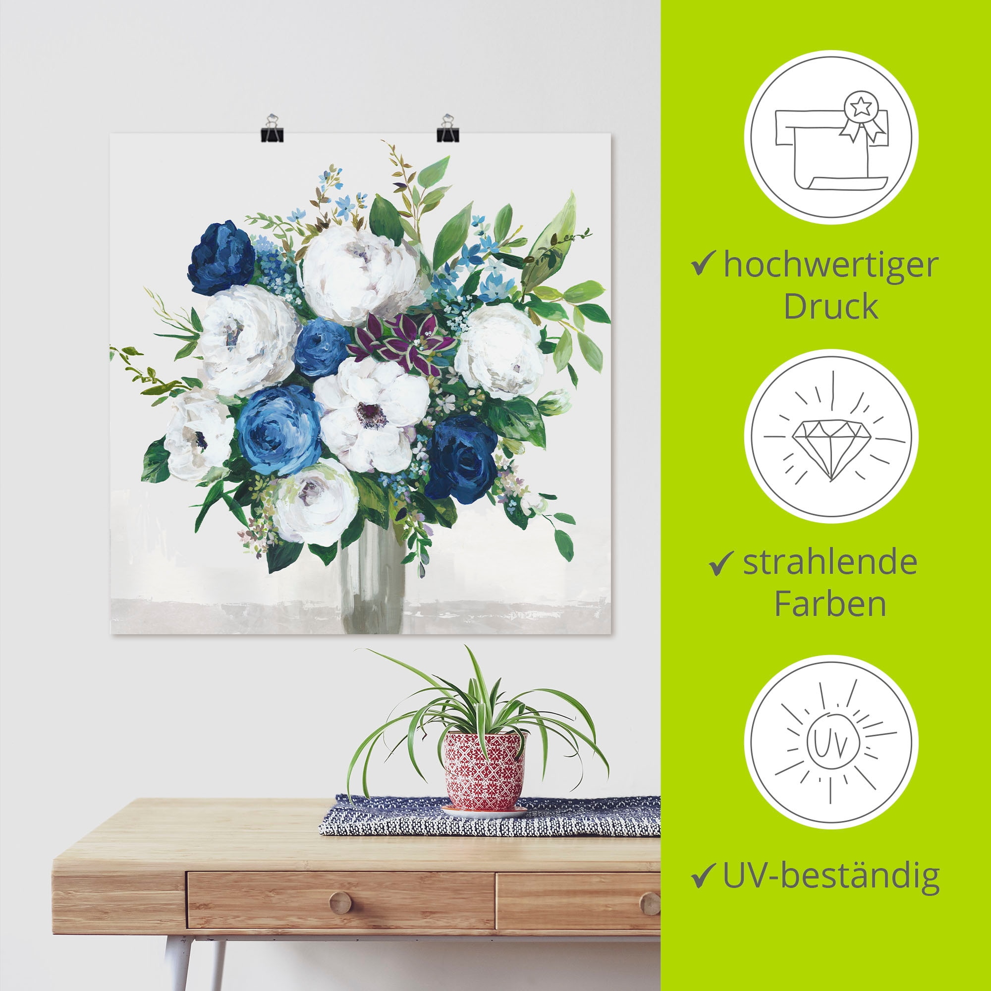 Artland Poster »Weiß-Blaue Symphonie«, Blumenbilder, (1 St.), als Alubild, Leinwandbild, Wandaufkleber oder Poster in versch. Größen