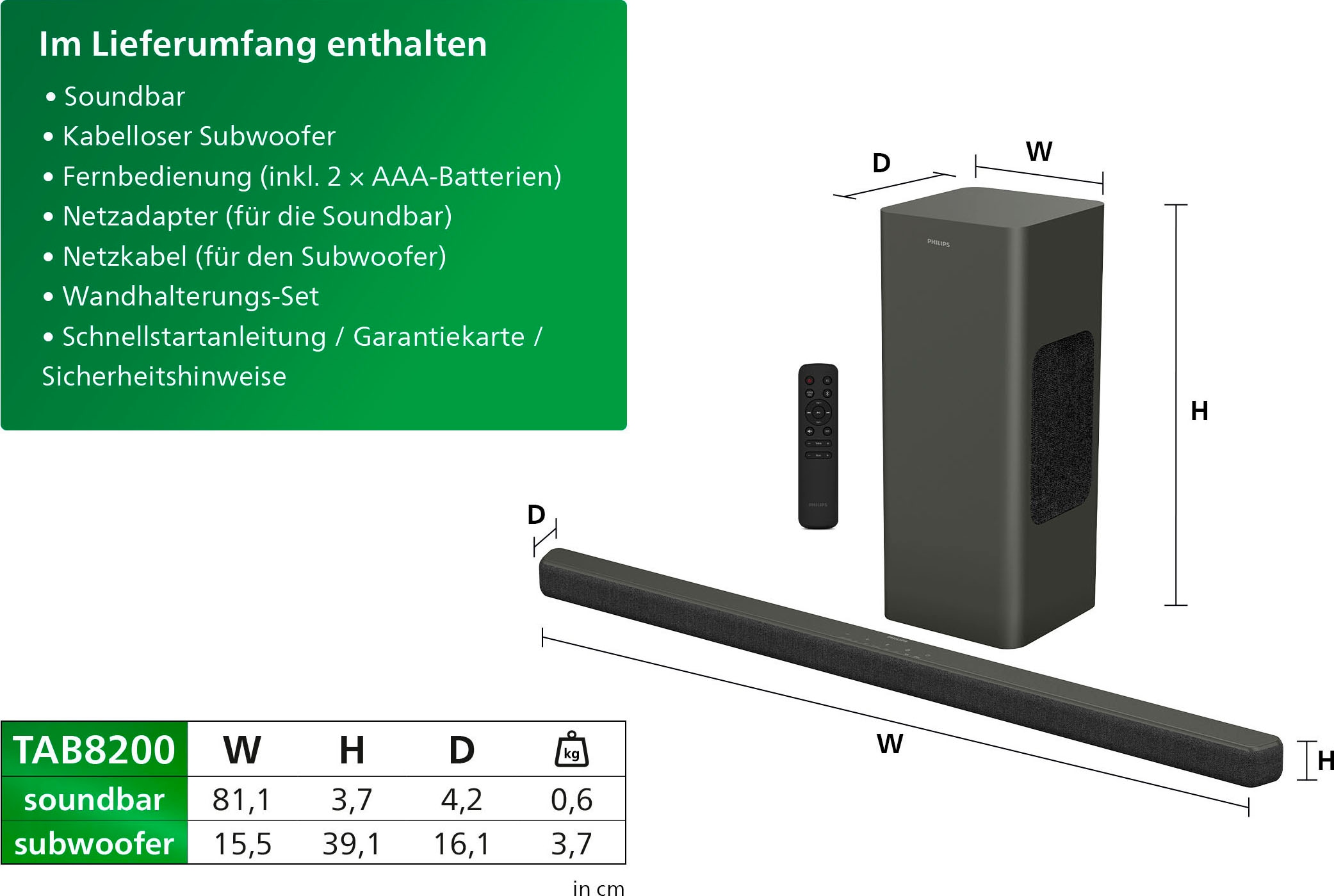 Philips Soundbar »TAB8200/10« 2.1 (A2DP Bluetooth | AVRCP Bluetooth | Bluetooth App-Steuerung | Bassregelung | Nacht Modus | USB-Wiedergabe 160 W)