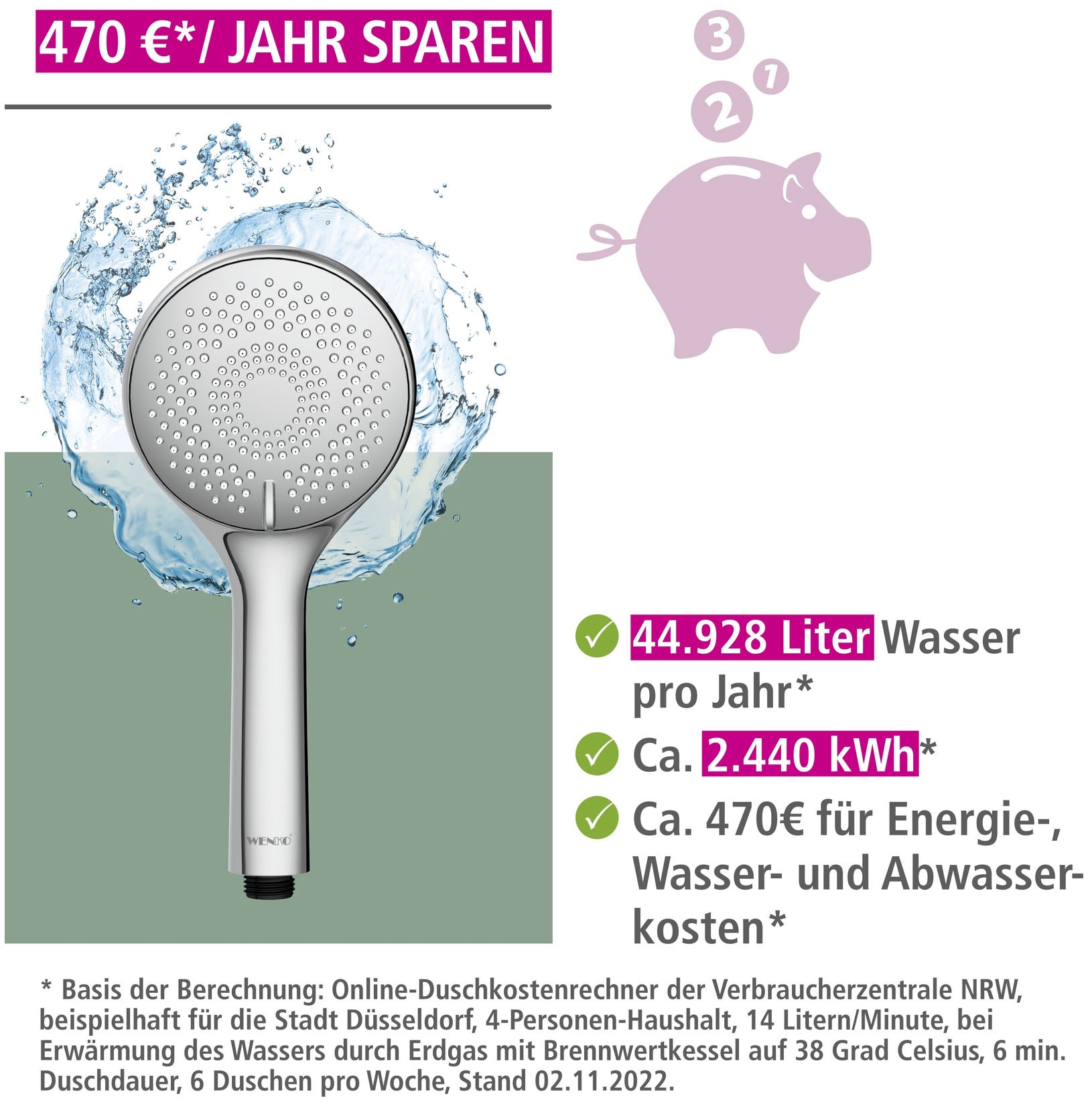 WENKO Handbrause »Watersaving System«, Duschkopf Watersaving Chrom, Durchmesser 11 cm