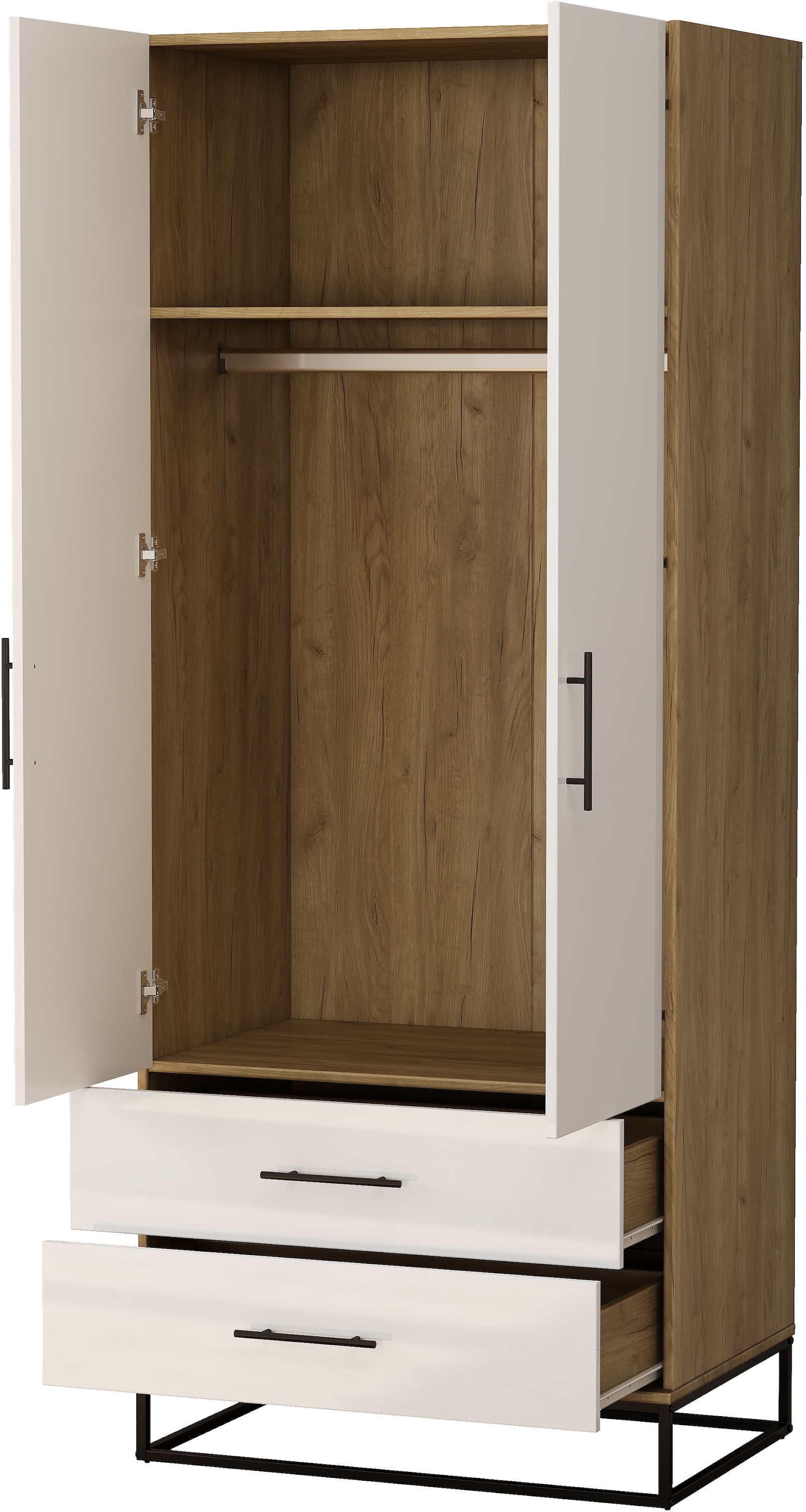 OTTO home Kleiderschrank »Lucca Schlafzimmerschrank Garderobe hochglanz Bestseller« Hochwertige schwarze Griffe und Kufengestell,  Schlafzimmerschrank mit 2 Türen und 2 Schubladen, Breite 80cm