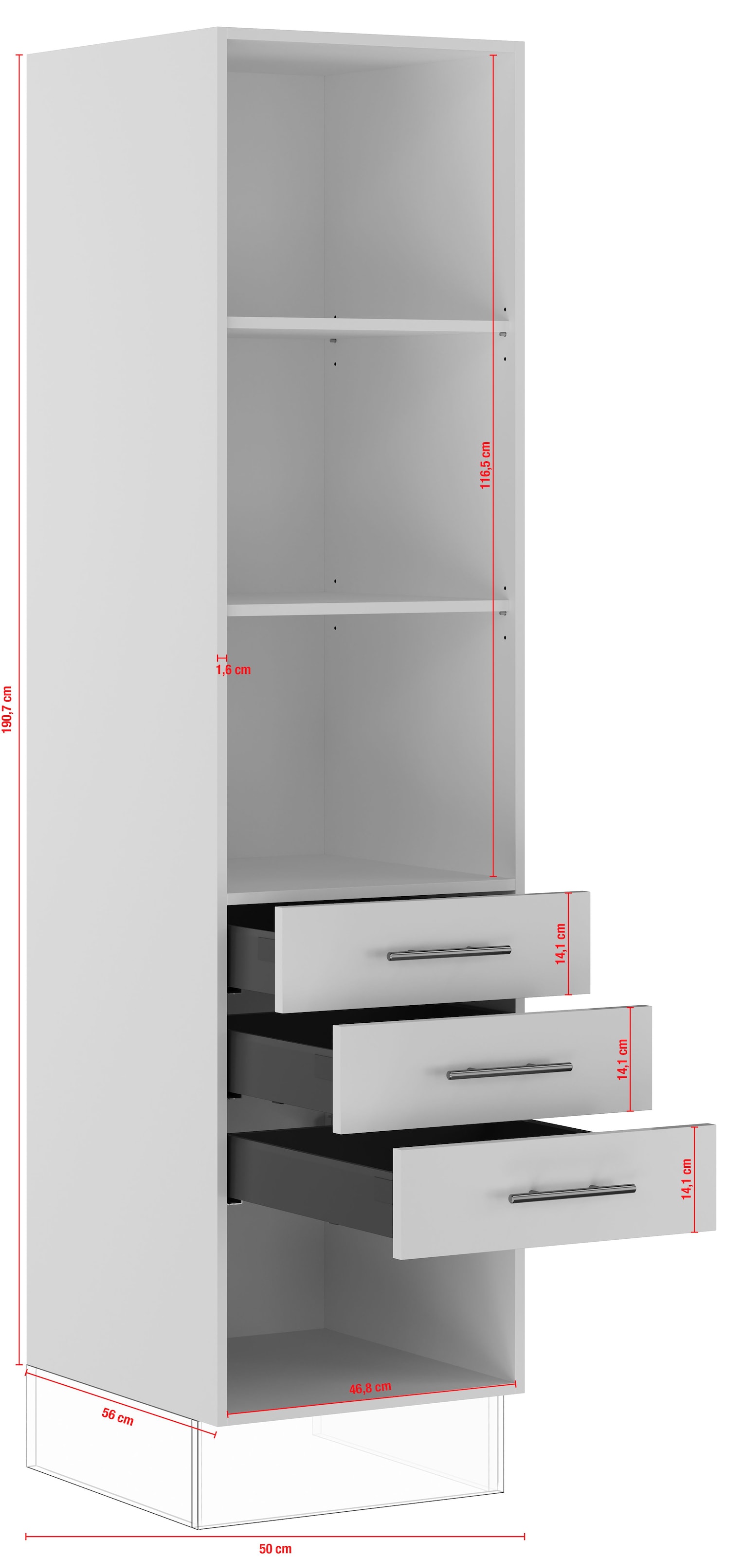 IMPULS KÜCHEN Seitenschrank »"Prag", Breite/Höhe: 50/190,7 cm, mit Soft-Close«, vormontiert, mit Schubkästen, mit verstellbaren Fachböden