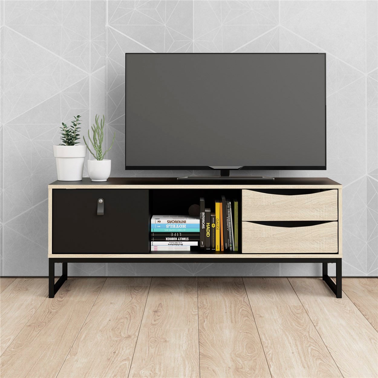 andas TV-Board »Stubbe«, TV-Kommode, Breite 117,2cm, 3 Schubkästen, 1 Ledergriff