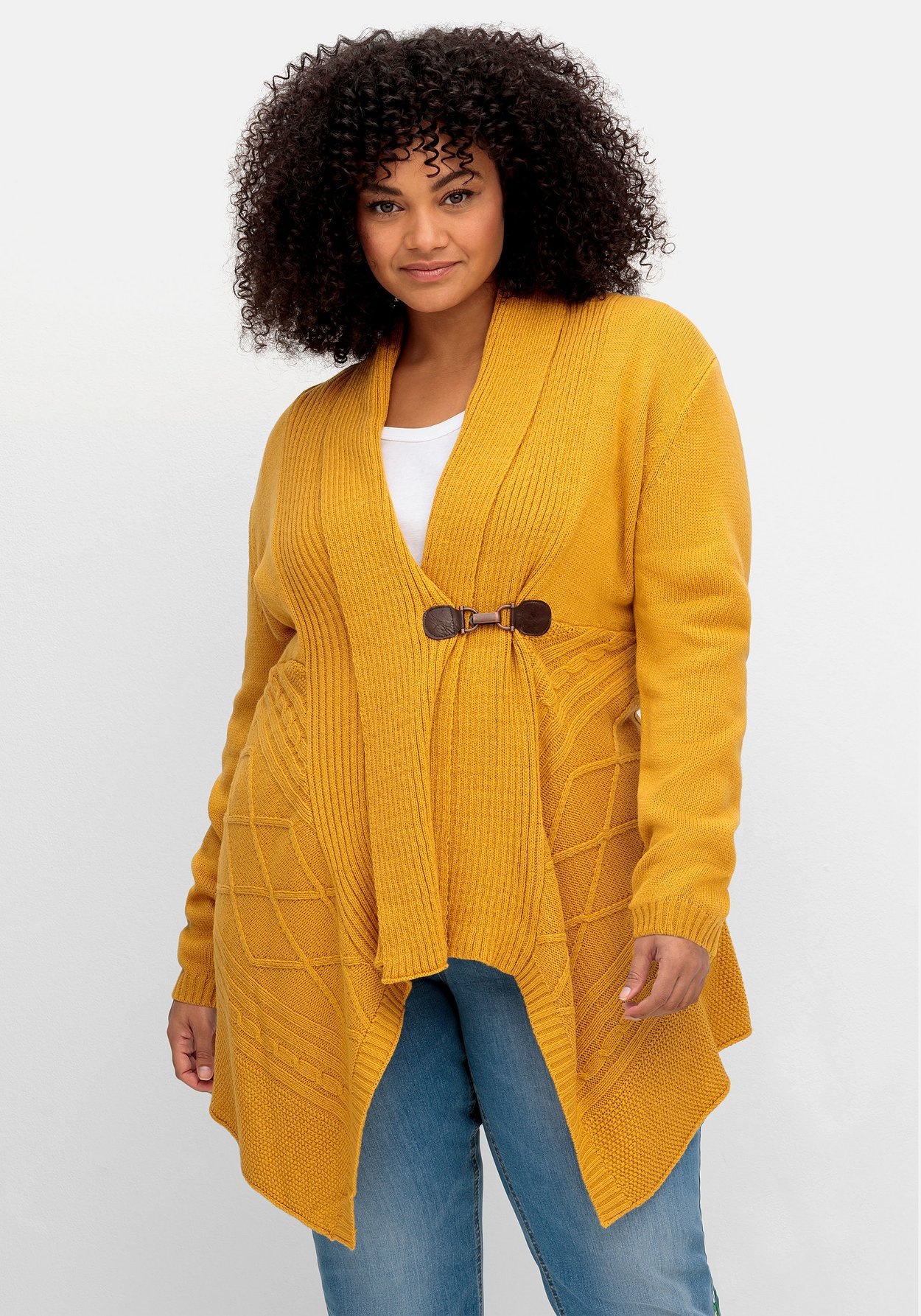 Sheego Longstrickjacke »Longstrickjacke mit Schalkragen und elegantem Verschluss«, mit Schalkragen und elegantem Verschluss