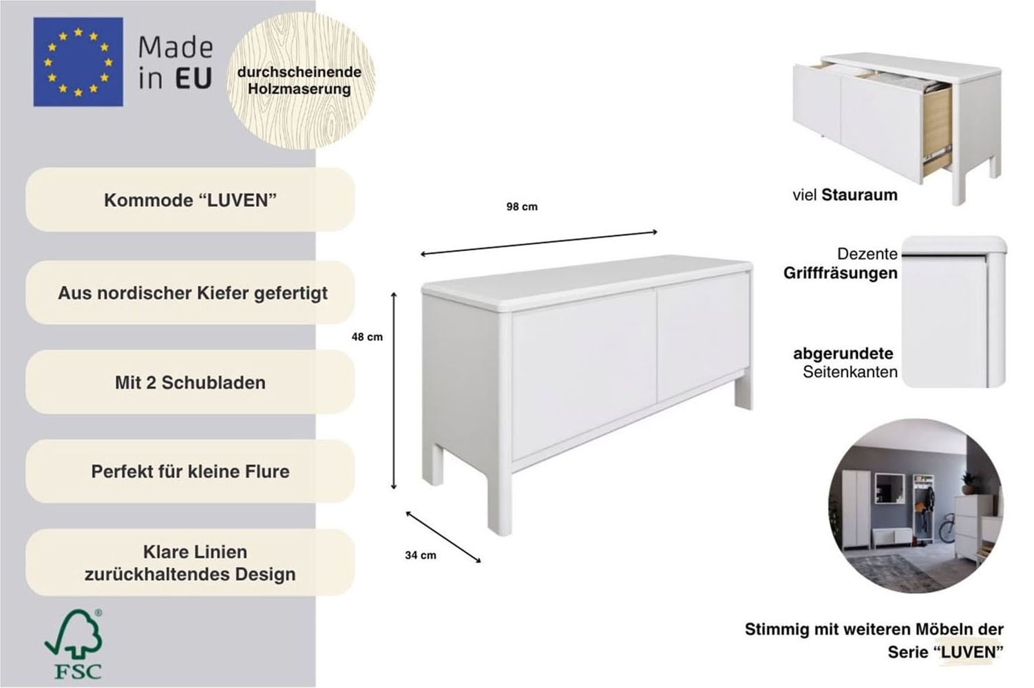 Home affaire Kommode »Luven« FSC® zertifiziertes Massivholz, mit 2 Schubkasten