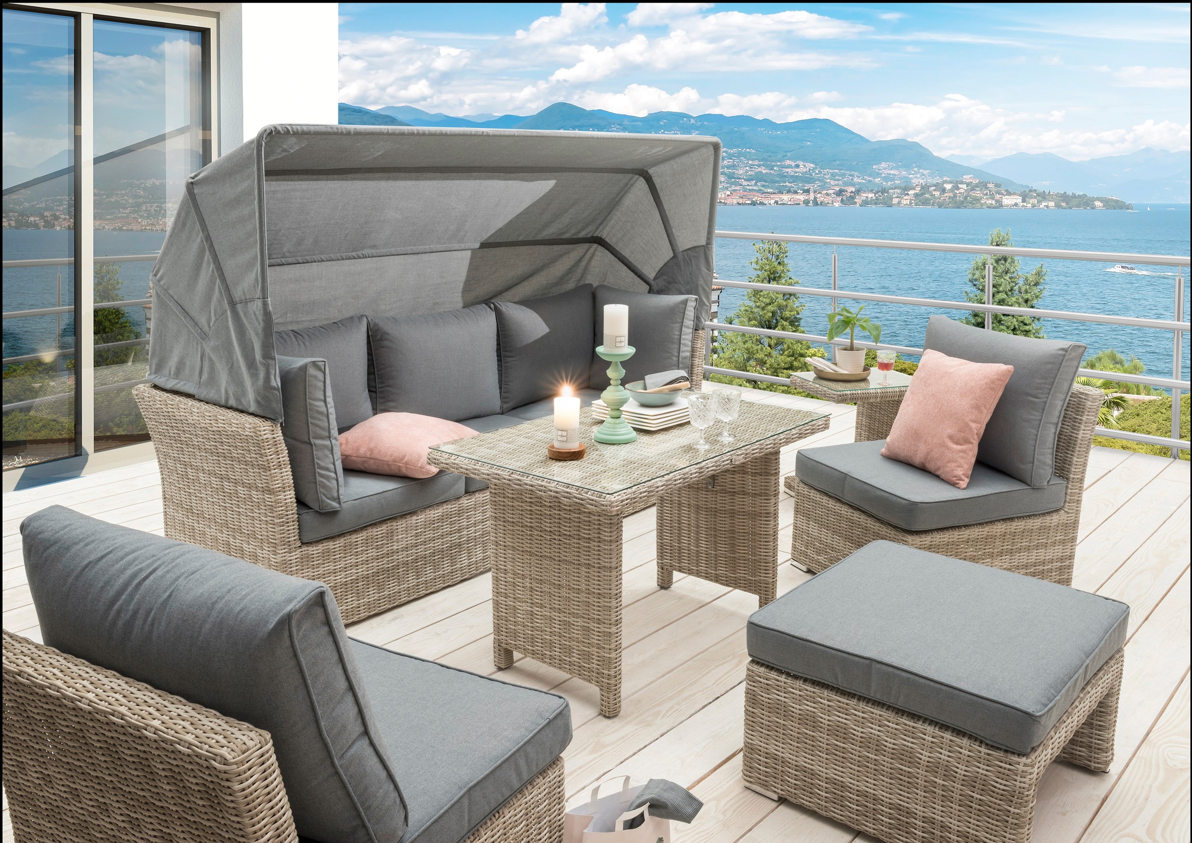 Destiny Gartenlounge-Set »ARUBA«, (Set, 13 tlg.), Lounge mit verstellbaren  Dach, inkl. Gasdruckfedern, beige meliert kaufen online bei OTTO