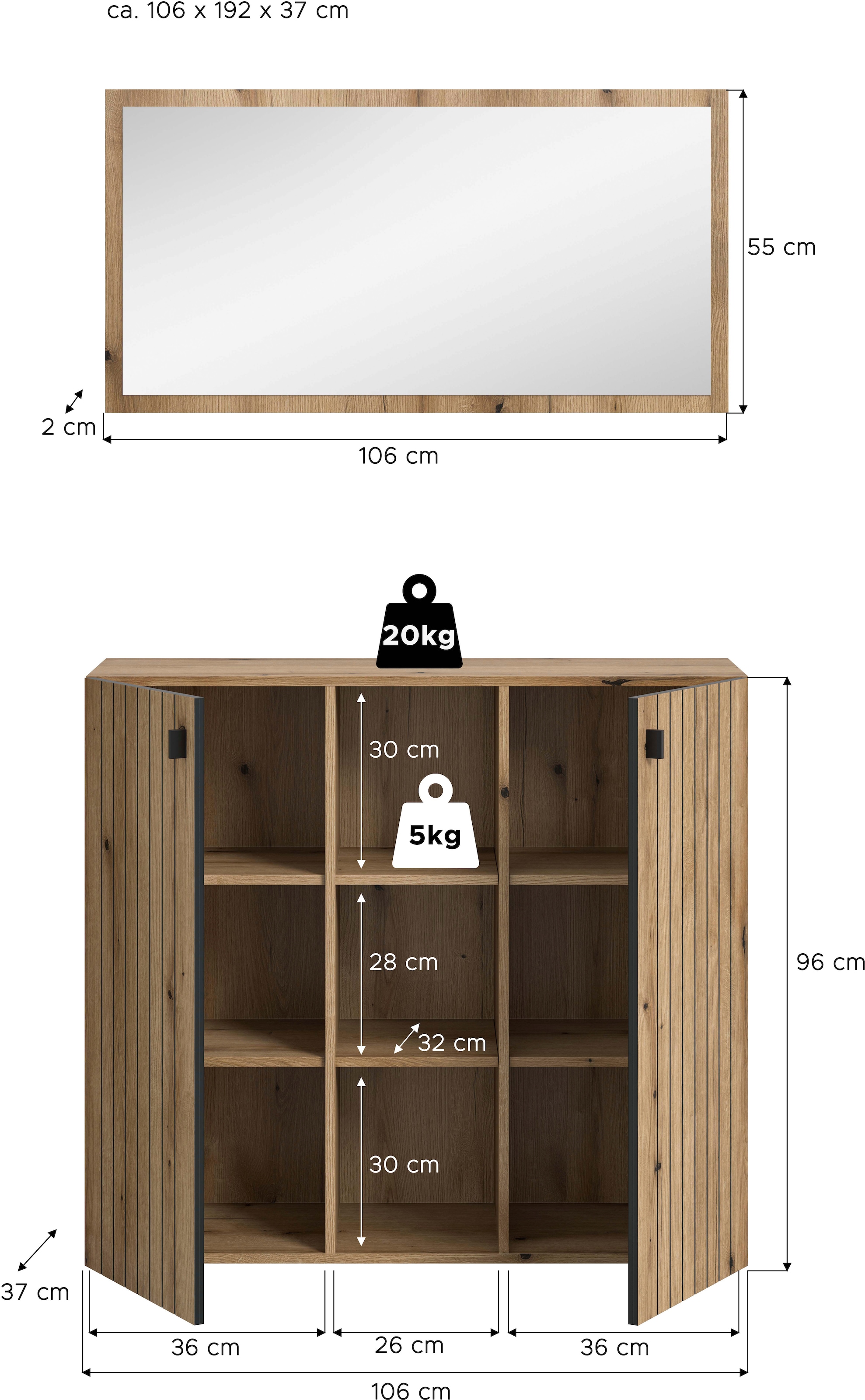 Home affaire Garderoben-Set »TATIO, 2-tlg. Garderobenkombination,Breite: 106 cm, Rillenfräsung« Set, Set, best. aus: 1 Spiegel, 1 Schuhkommode, 2 Stk. tlg.