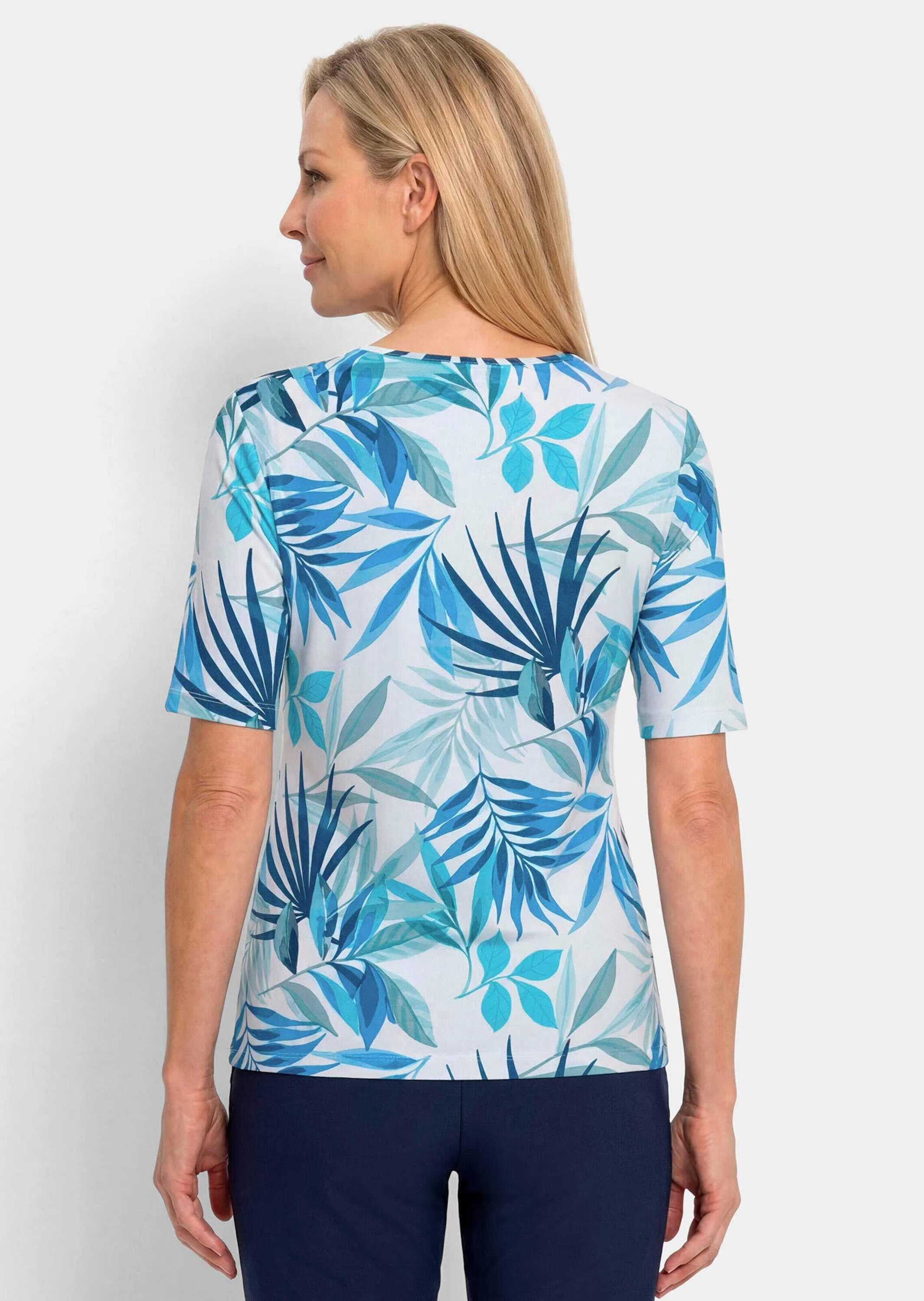 GOLDNER Kurzarmshirt »Kurzgröße Viskoseshirt mit sommerlichem Blätterprint« stretchbequemer Viskosejersey